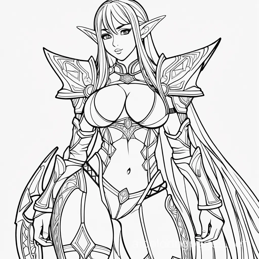 slim anime elf with big breast and thick thighs, wearing tight leather armor, with a seductive stare, Coloring Page, black and white, line art, white background, Simplicity, Ample White Space. The background of the coloring page is plain white to make it easy for young children to color within the lines. The outlines of all the subjects are easy to distinguish, making it simple for kids to color without too much difficulty