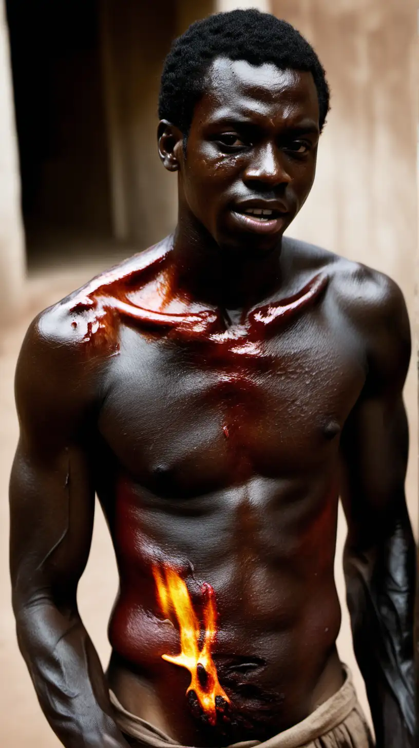 A black male slave  with something burn in his skin
