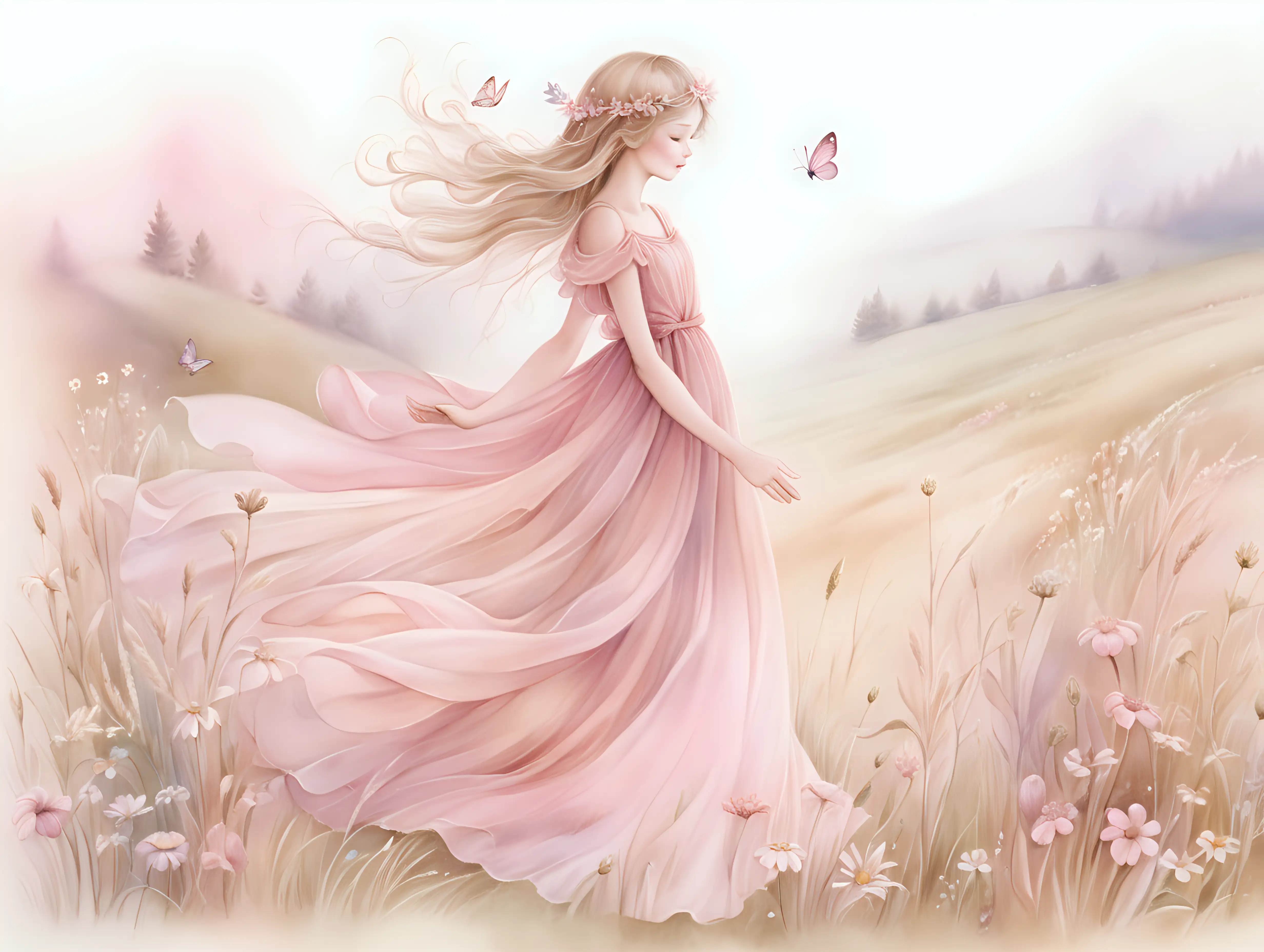 Cheerful Fairy in Dreamy Watercolor Meadow