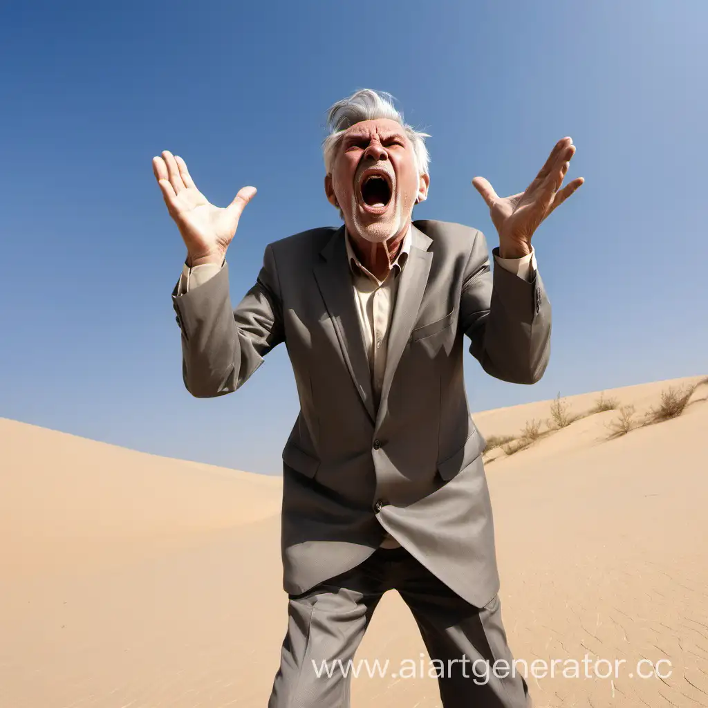 The gray-haired man shouts amidst the sandy desert against the backdrop of the sunny sky