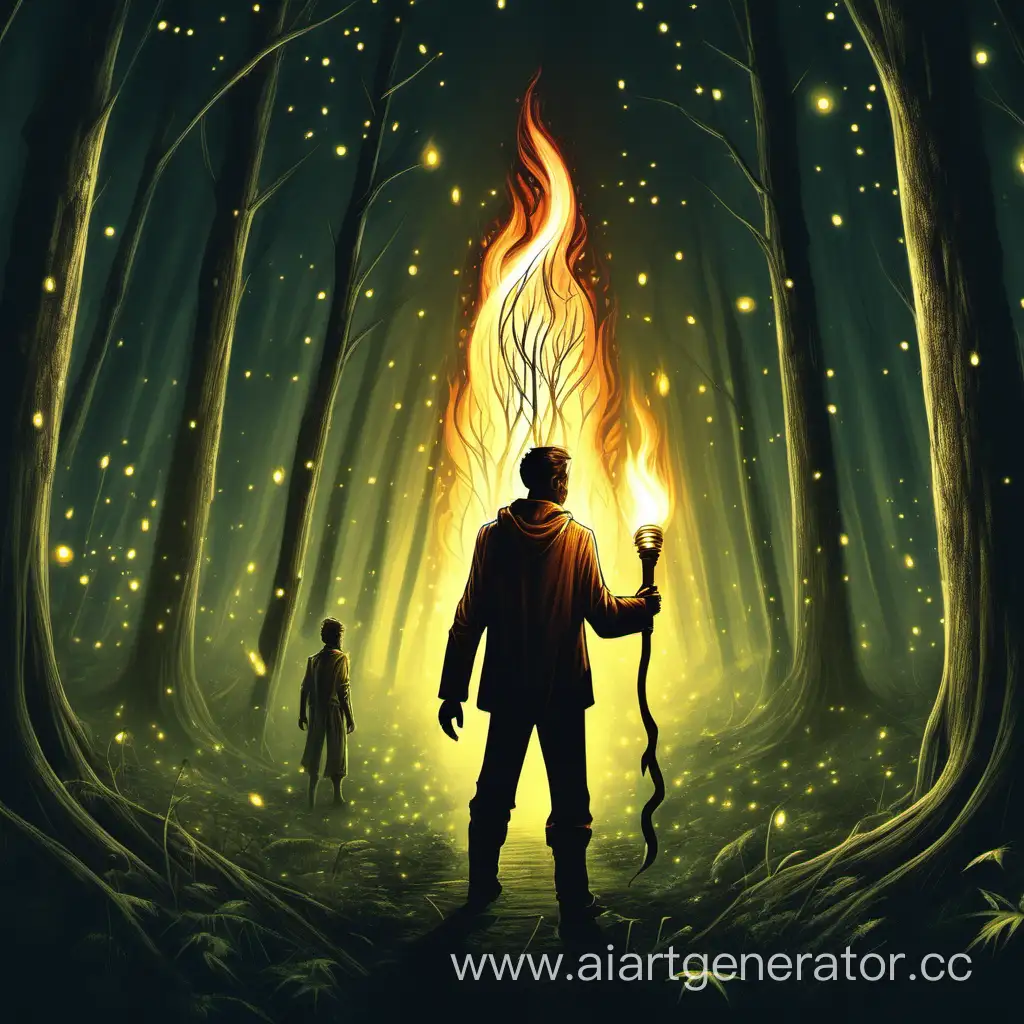 Enchanting-Fantasy-World-Logo-Featuring-a-Man-with-a-Torch-in-a-Forgotten-Forest