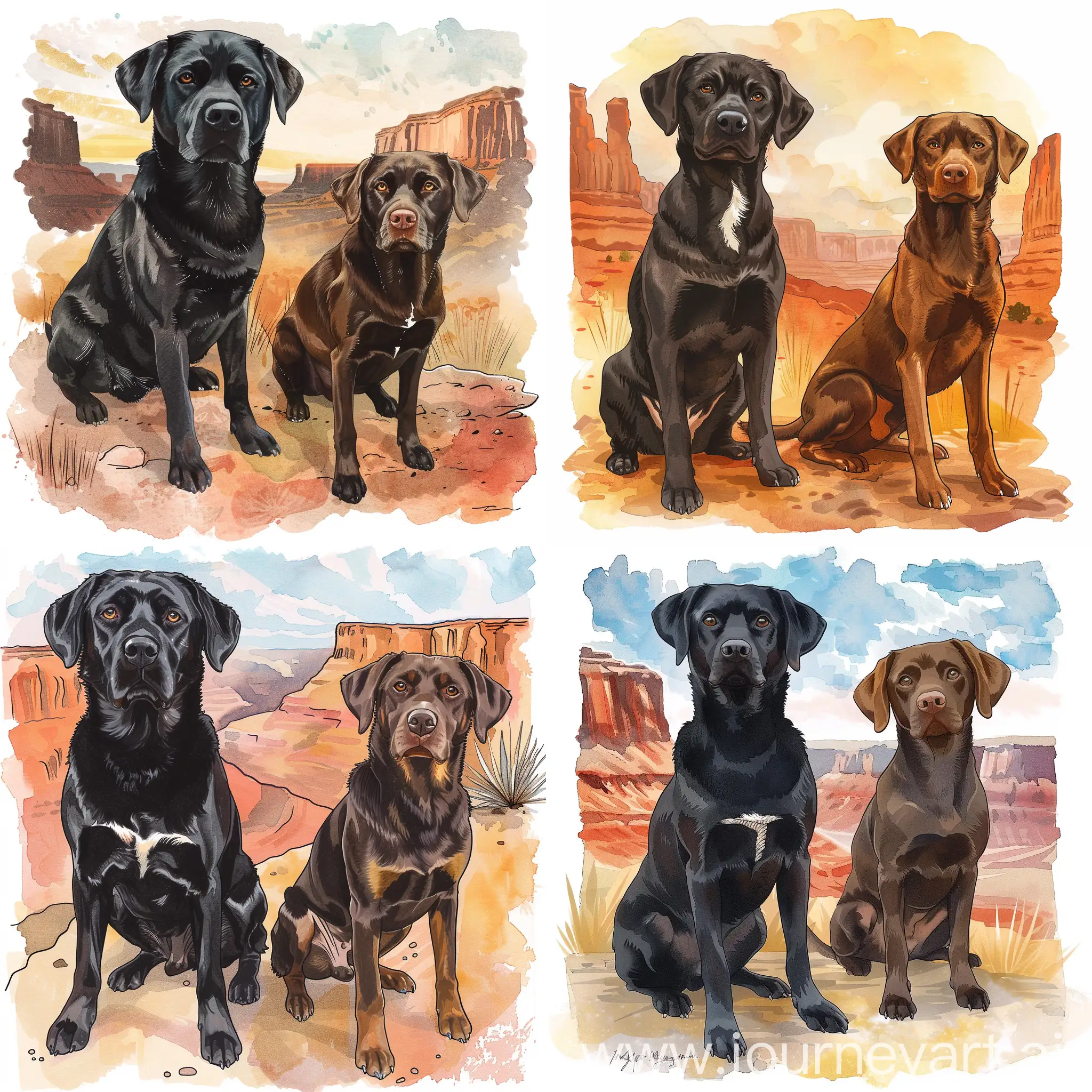 TWO medium size adorable adult dogs. cartoon. 1 dog black Labrador mix chubby longer hair  black small WHITE on chest. 1 dog chocolate brown Labrador thinner mix tiny smaller WHITE patch chest. Watercolor. adventure dogs. more cartoon. children's book. grand canyons. desert