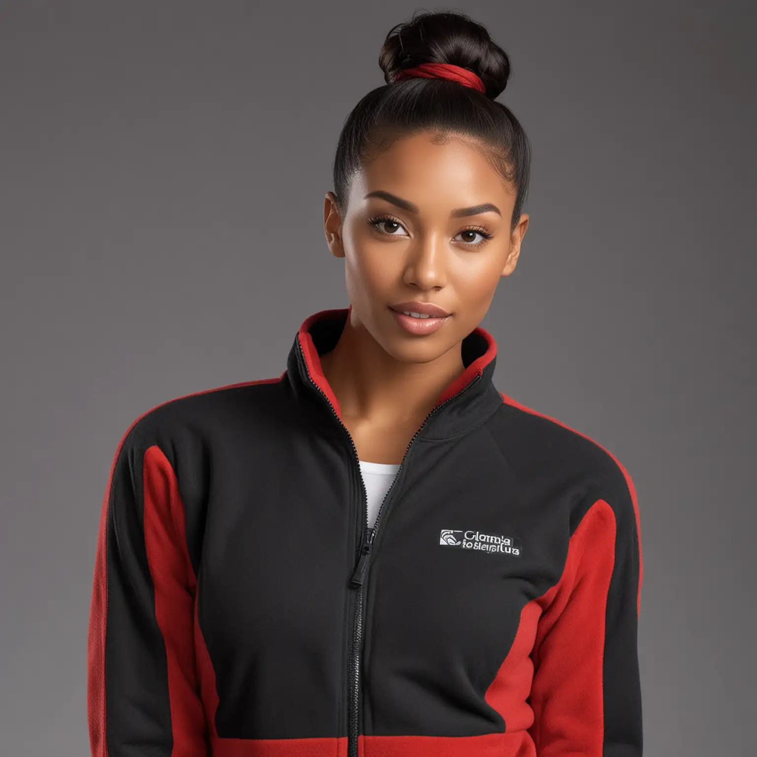 An attractive 32 year old Tall, leggy, 6 ft 2 tall, African-American female with black-colored Hair, oblong-shaped female head, wearing a red-colored form-fitting Columbia-branded fleece jacket, black-colored sleek and straight, single tight top knotted high bun, neat and flat hair, thick build, curvy frame, front view only, full body, kissy-face gesture, well-detailed face, focused on face, looking directly at the viewer, high-quality face, perfect picture