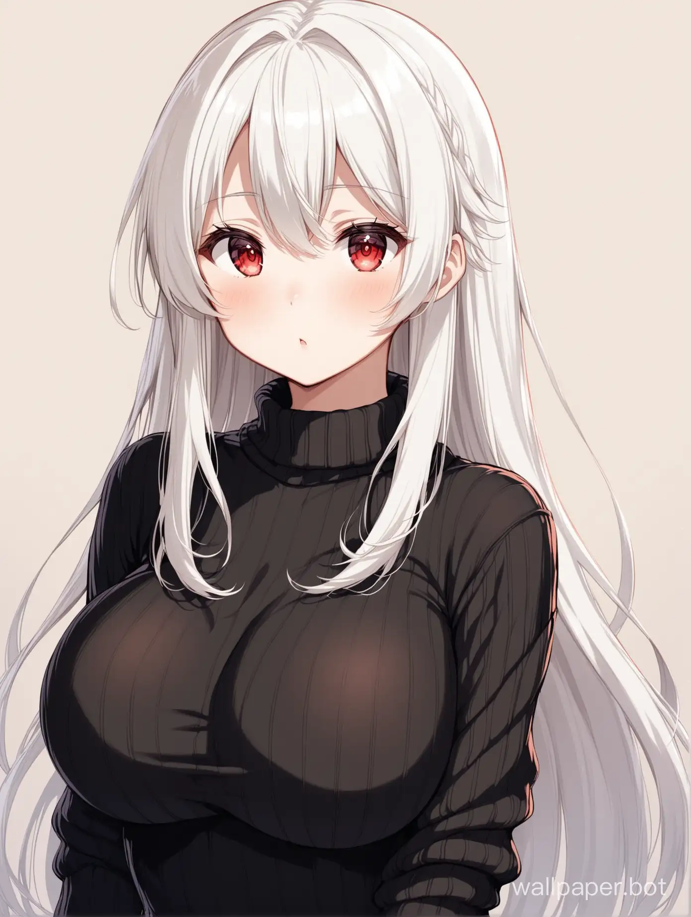 Cute young anime girl with white hair, red eyes and black warm sweater. She has very beautiful figure and large boobs