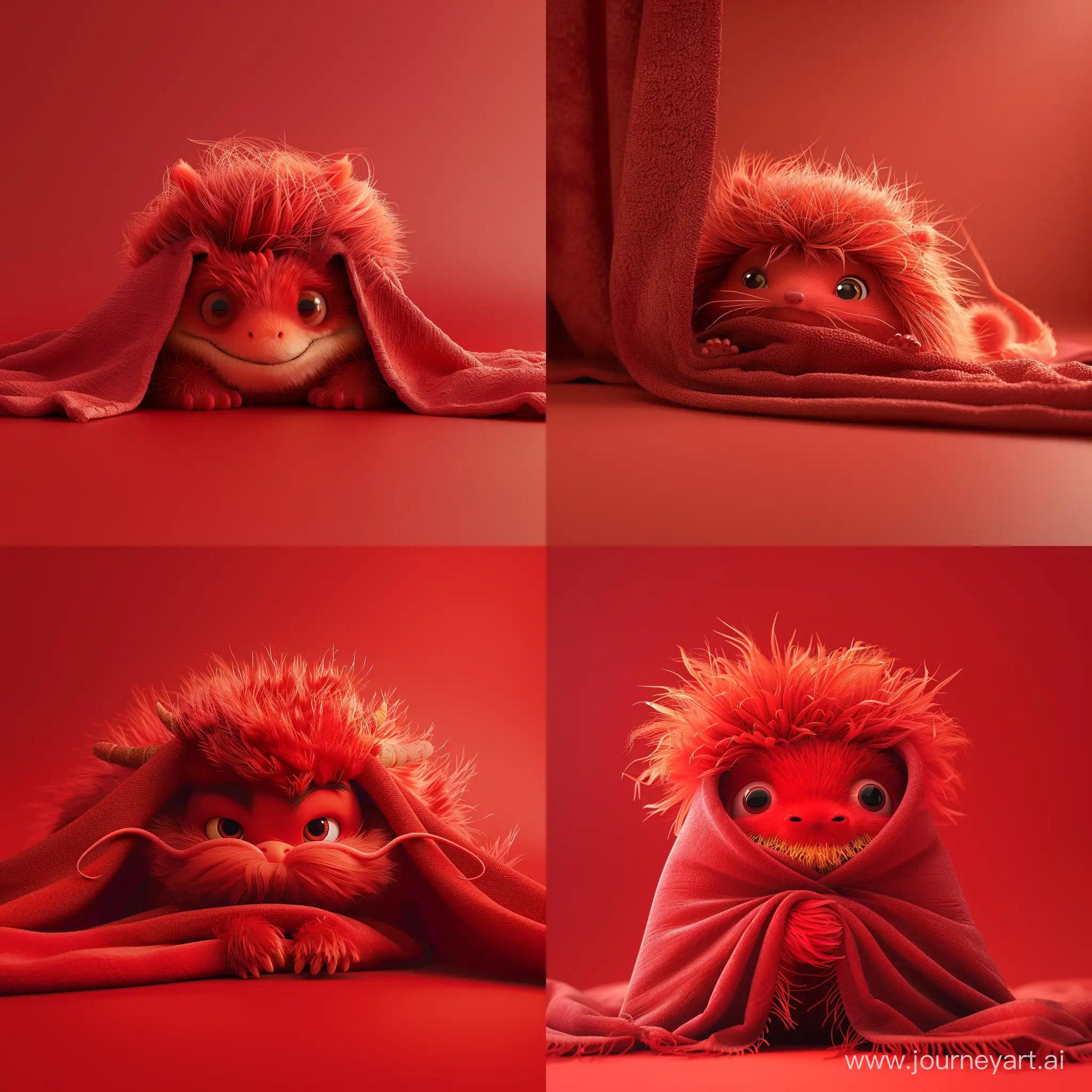 poster, Pixar style, A cute red Chinese dragon hides in a red blanket, showing only its head, furry texture, cute and cute expression, minimalist style, simple clean light red background, movie lighting, volume light, soft and advanced colors, Bubble Mart, 3D, C4D, super detail, super precision,