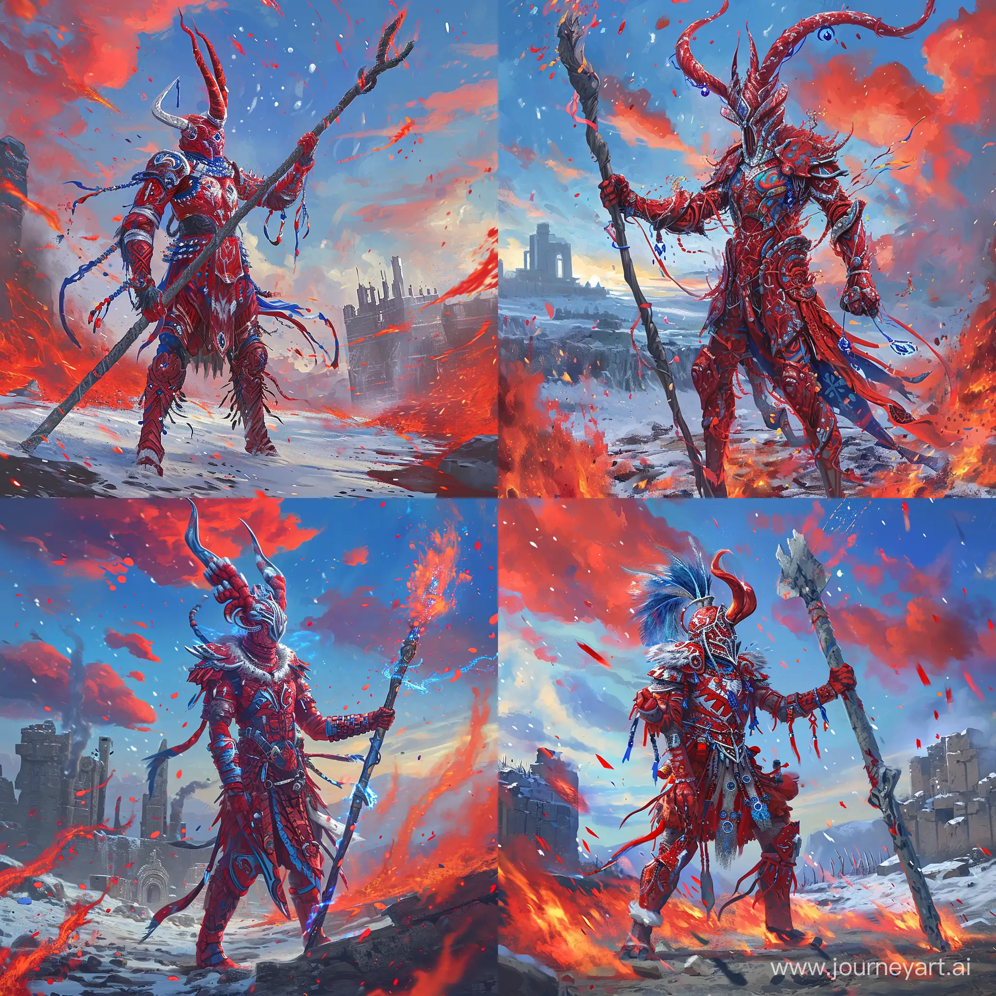 Футуризм, A warrior with a large staff stands in a fiery landscape. The sky is blue with red clouds, and the warrior wears a red armor with white and blue accents. The warrior also has a red helmet with tall horns and red, white, and blue patterns. The staff the warrior is holding is gray with a black and white pattern. The warrior is surrounded by red and blue flames, and there are red and blue sparks flying around. In the background, there are ruins covered in snow. --v 6