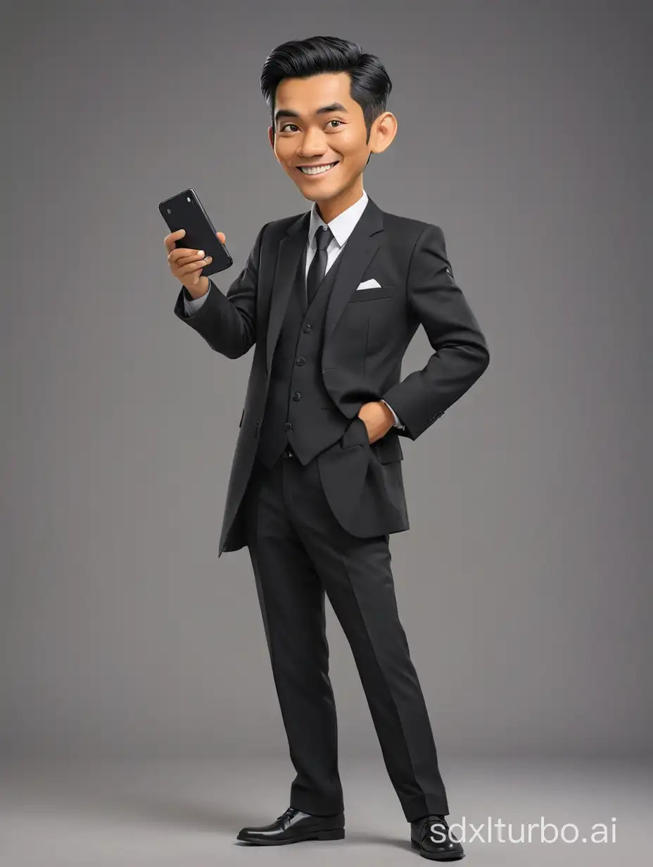 Caricature of Indonesian photografer wearing black suit costume, Fujifilm XT5 camera, gray background