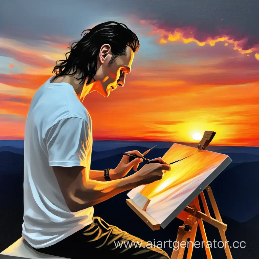 Loki in white t-shirt is painting sunset on a canvas
