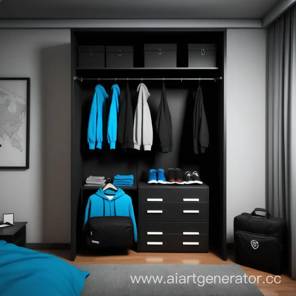 a beautiful closet in which a black hoodie with the programmer's logo and black pants with the same logo are on a hanger next to the closet there is a bedside table with socks and blue glasses in a case and a bed next to the bedside table