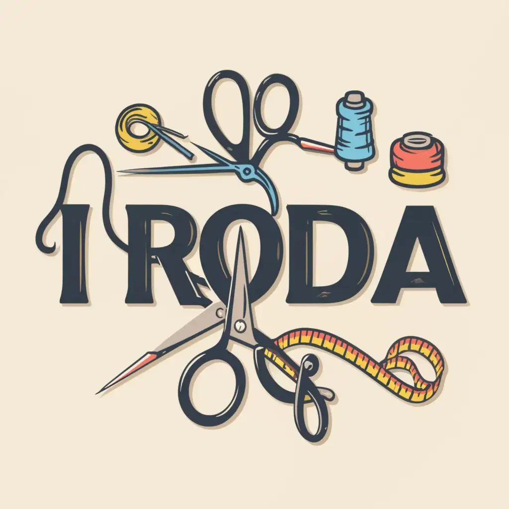 logo, scissors, needle, sewing machine, thread, spool, tape measure,, with the text "Iroda Tailor", typography