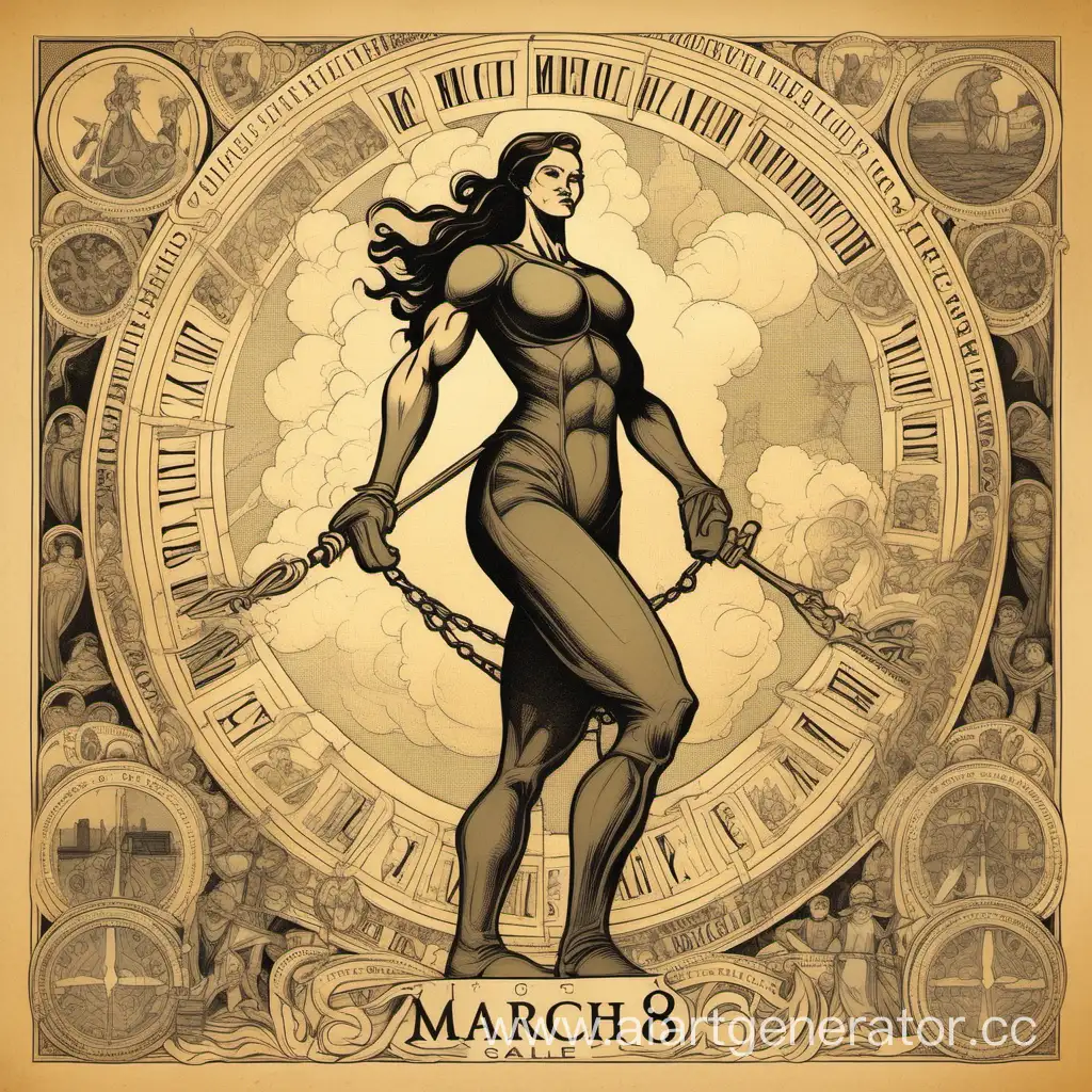 Прикольная картинка-сопровождение к 8 марта, где нарисована сильная женщина, которая всё может в масштабах вселенной
