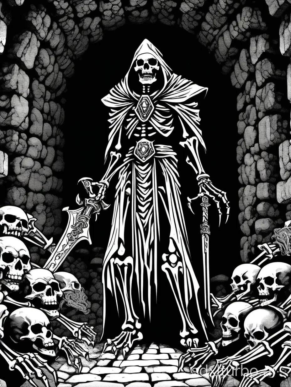 line art of a powerful ancient lich:warlock, in a dark dungeon tunnel, with two skeleton:warriors, close up, 1bit bw, style of 1979 AD&D, by David A. Trampier,