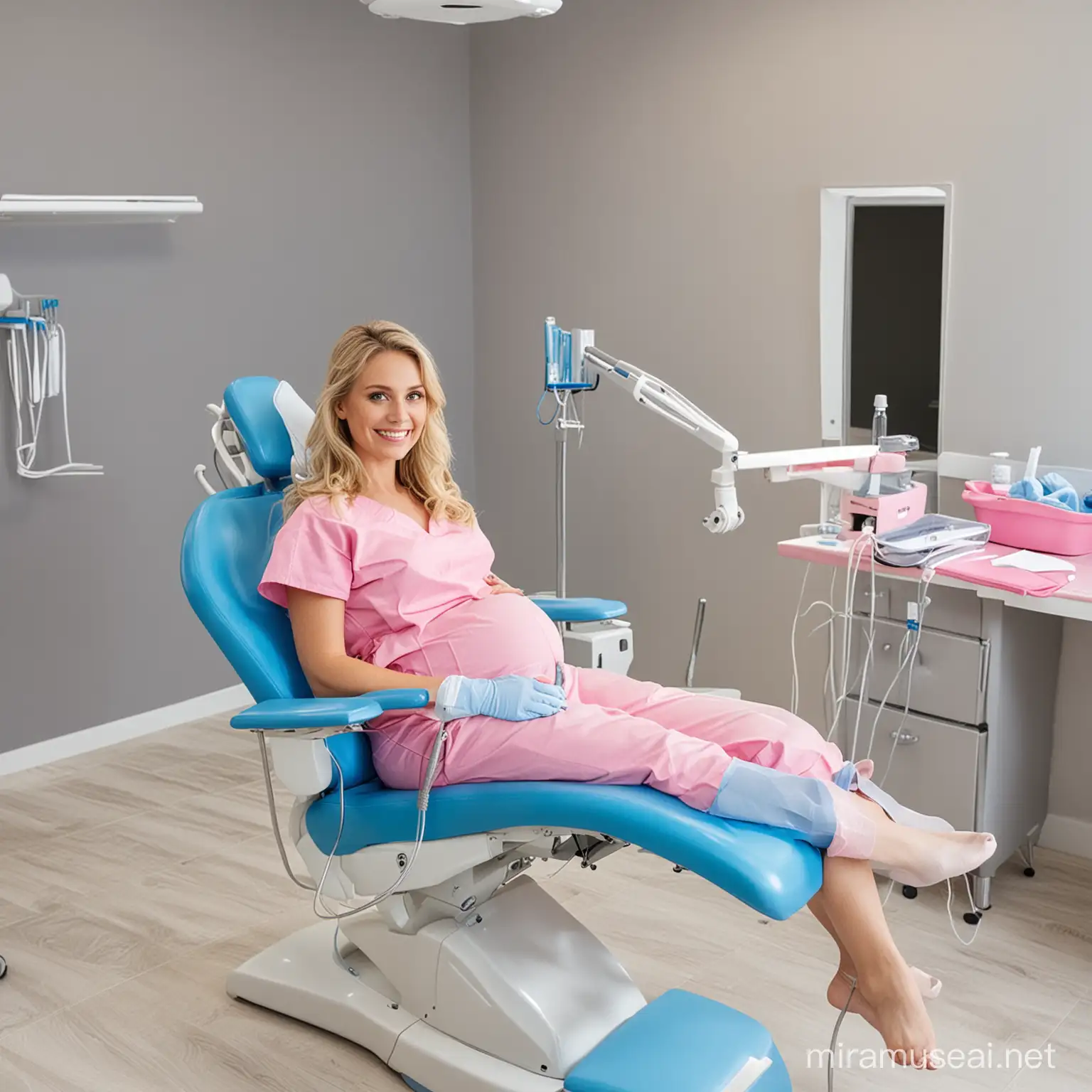 pregnant  at dentist  blonde blue dental chair 
pink ppe