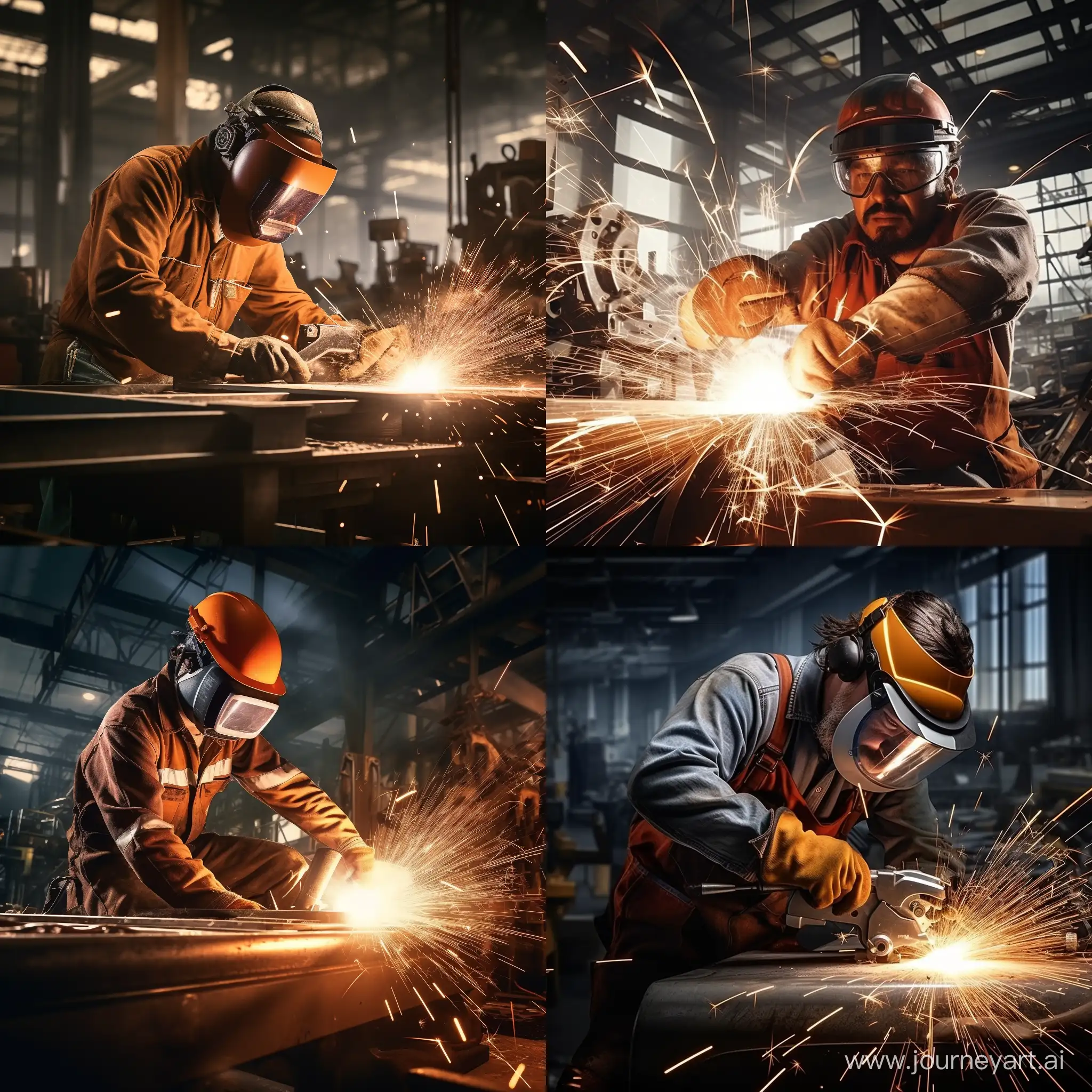 CINEMATIC (masterpiece, high resolution, photorealistic:1.3), a man in a (protective uniform:1.2), (welding of stainless steel container:1.1), flying sparks, factory background, large processing tools, (illuminated by warm light:1.1), (noisy industrial environment:1.1), bright, monochrome, dynamic perspective, focused, carefully crafted craftsmanship, richly textured industrial environment, against the background of a bright light 