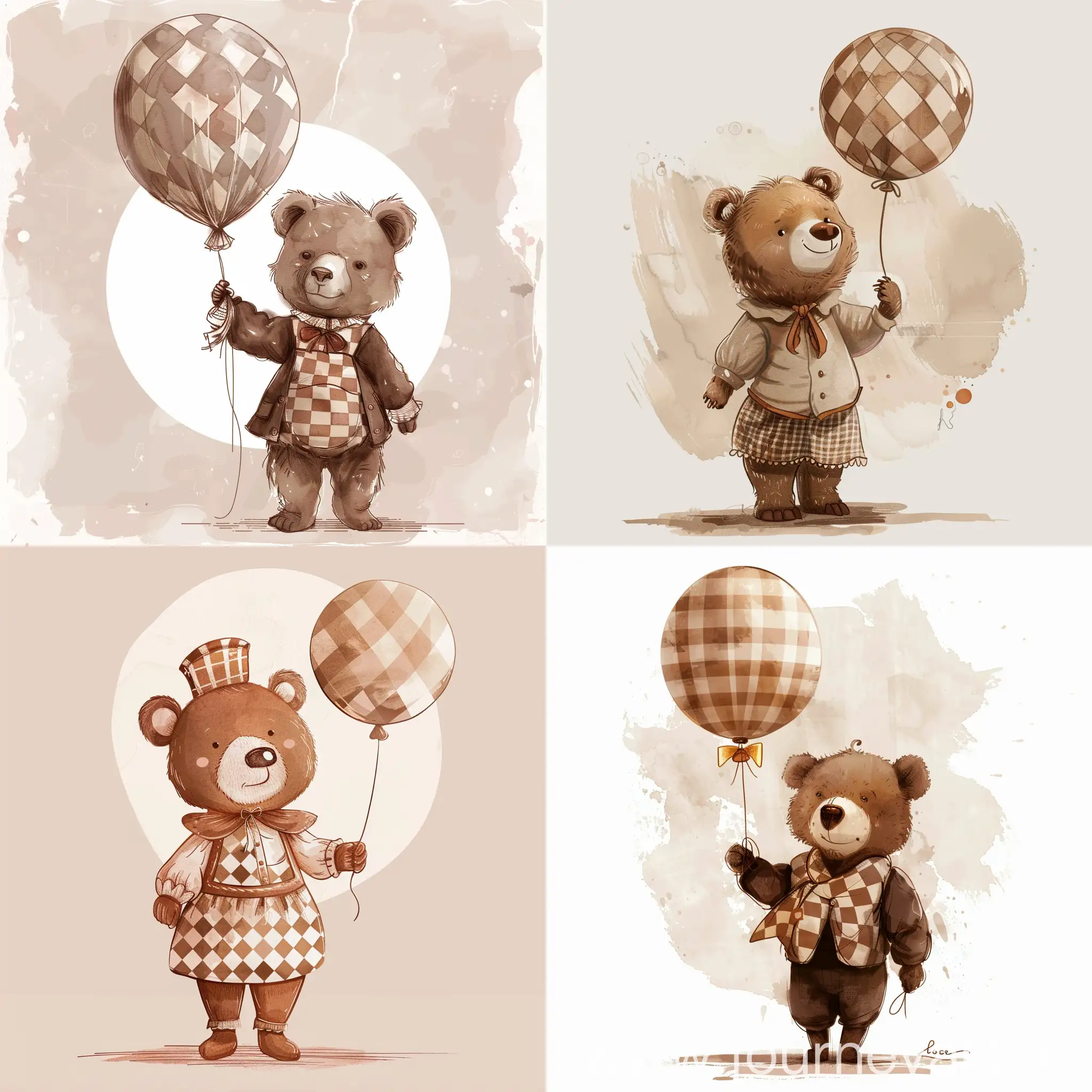 A cute brown bear in vintage circus attire, holding a balloon with a checkered pattern, illustrated in the style of a clipart style isolated on a white background, with neutral colors and low color saturation, in a watercolor style, with a beige illustration, a hand drawn doodle simple minimalistic vector art drawing, like a children's book illustration, with a flat design using solid shapes and soft muted tones with no outlines.