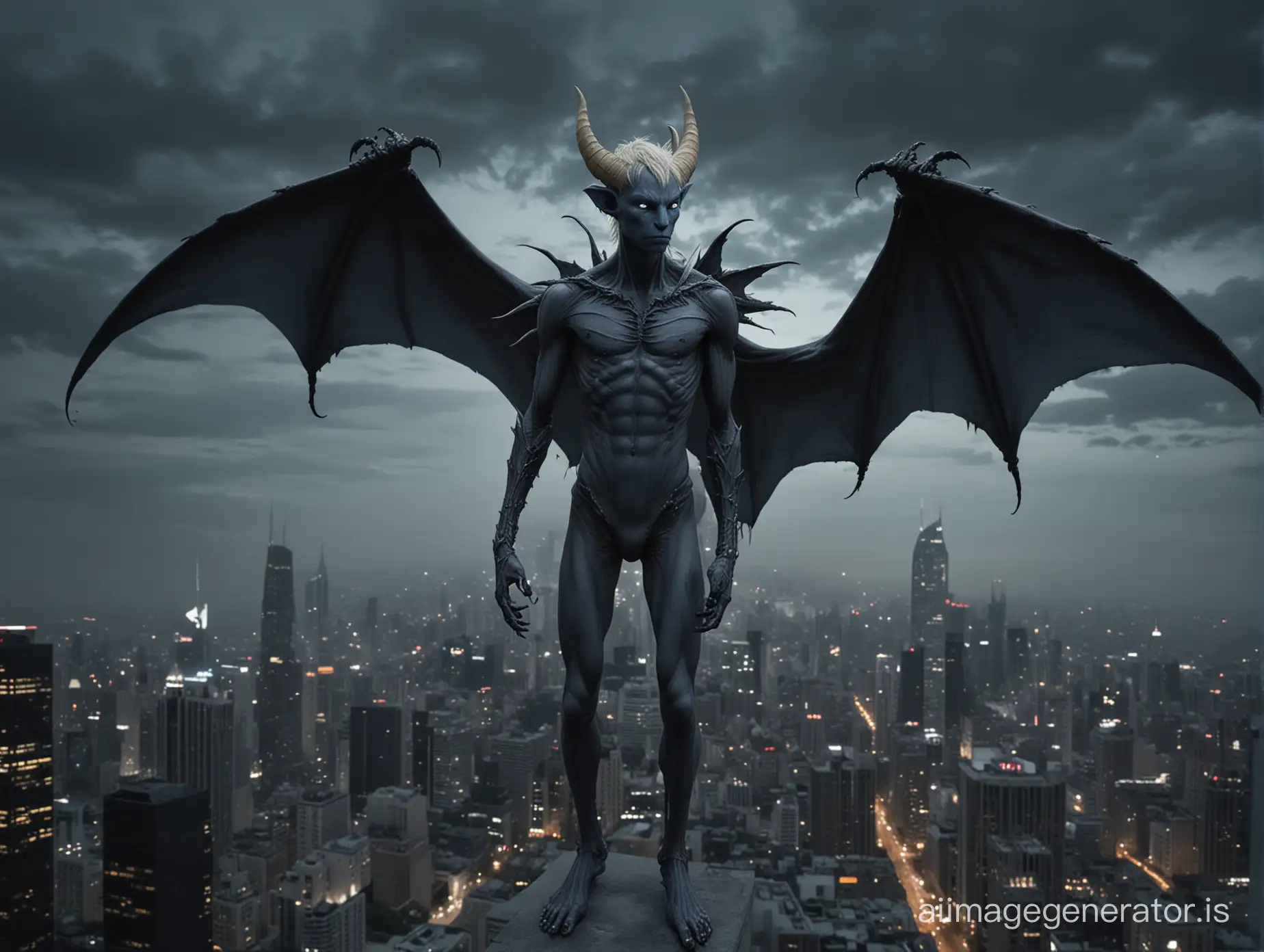 It’s Night. A gray-blue-skin demon-teenboy with humanoid proportions. He is slender. He has a large tail, growing at the end of his spine. He has natural bat-like wings. Two small horns growing from the forehead. He has pointet ears. He has blonde hair. He has claws instead of fingers and toes. He has animal-like feet. He stands on a Skyscraper in a dark cloudy Night. Show the entire teenboy in a long shot.
