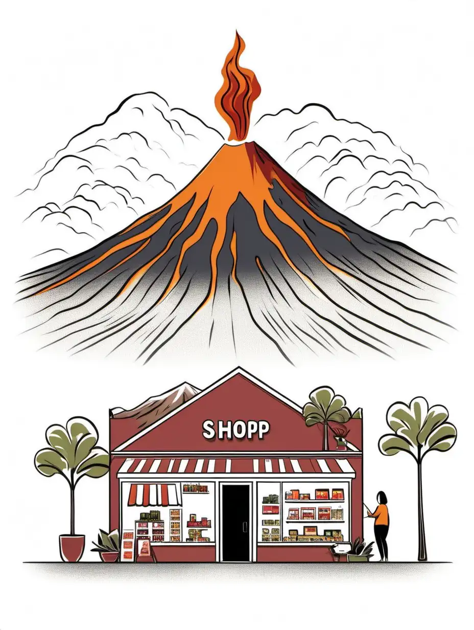 мульташная мимолистическая картинку, где нарисован магазин и на фоне вулкан. фон вокруг магазина и вулкана белый. 