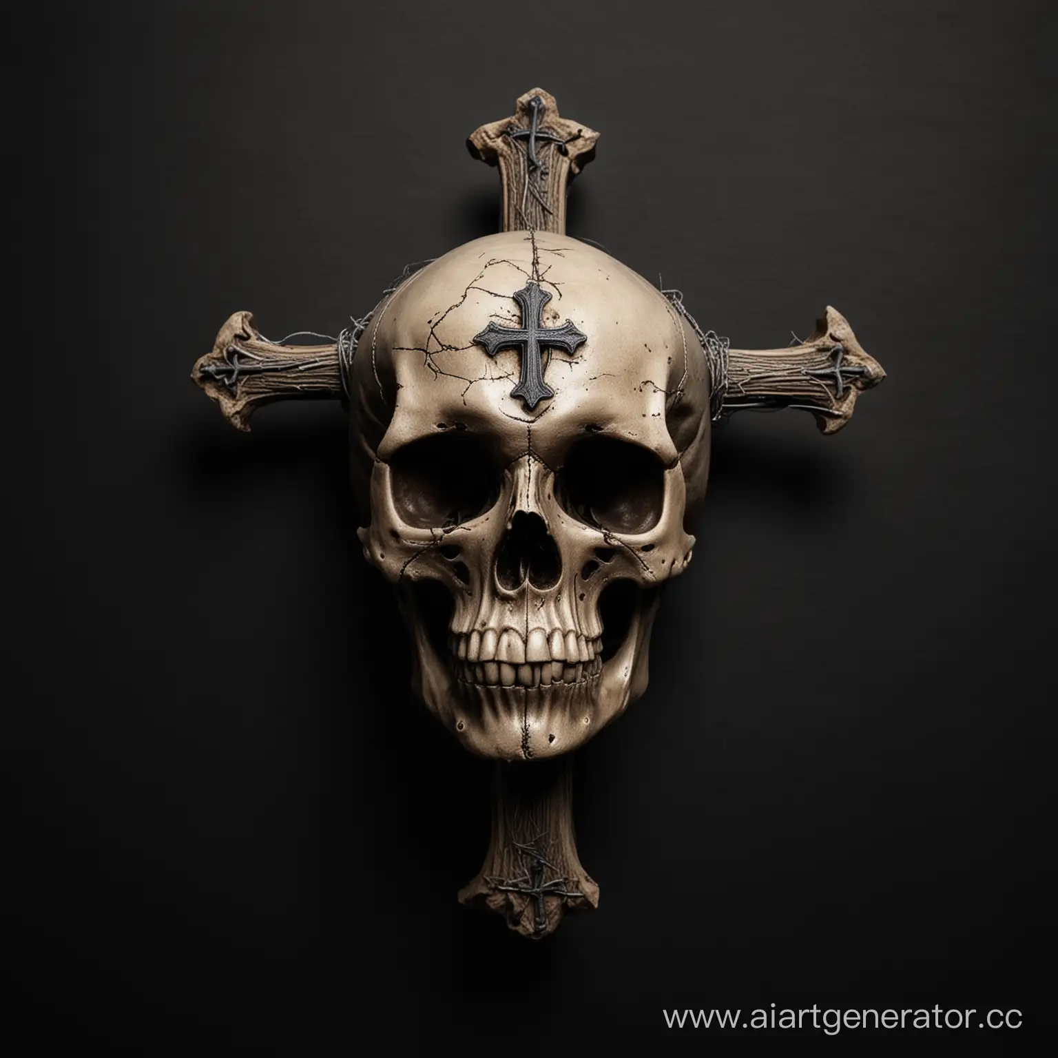 Skull-with-Cross-Eerie-Symbolism-on-Black-Background