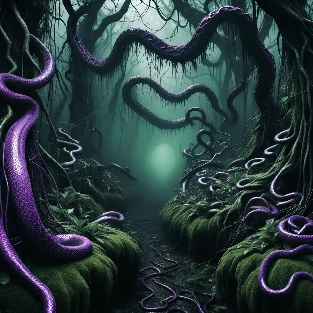 Mysterious dense rainforest with a lot of different alien trees that resemble entities and a twisted black path covered in roots that look like bionic cables. There are swampy parts of the forest. An ancient gigantic snake is lurking in the shadows. There is thick fog all round and there is an impending sense of doom and fear from this environment. Faded dark green and faded purple palette. Add spiderwebs and snakes hanging from the trees.