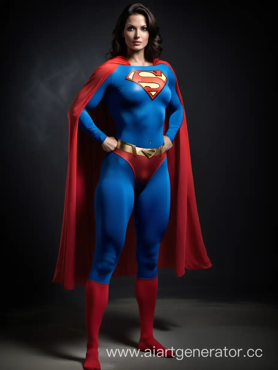 The central focus is a pretty brunette woman, happy and confident, of 23 years, exuding strength and power. Her impressive physique features extremely developed muscles across her arms, legs, chest, and abdomen, accentuated by her large breasts. She embodies a superhero persona, radiating heroism and might. The portrayal captures her in a full-body Superman costume, showcasing a matte spandex texture. The blue leggings and sleeves contrast with the iconic red briefs and a long, flowing cape, evoking the classic Superman look. The costume is the one worn by the actor in 'Superman: The Movie.' This composition employs a bright, professional photo studio to create a vibrant and striking portrait that embodies the strength and heroism associated with the Superman character.