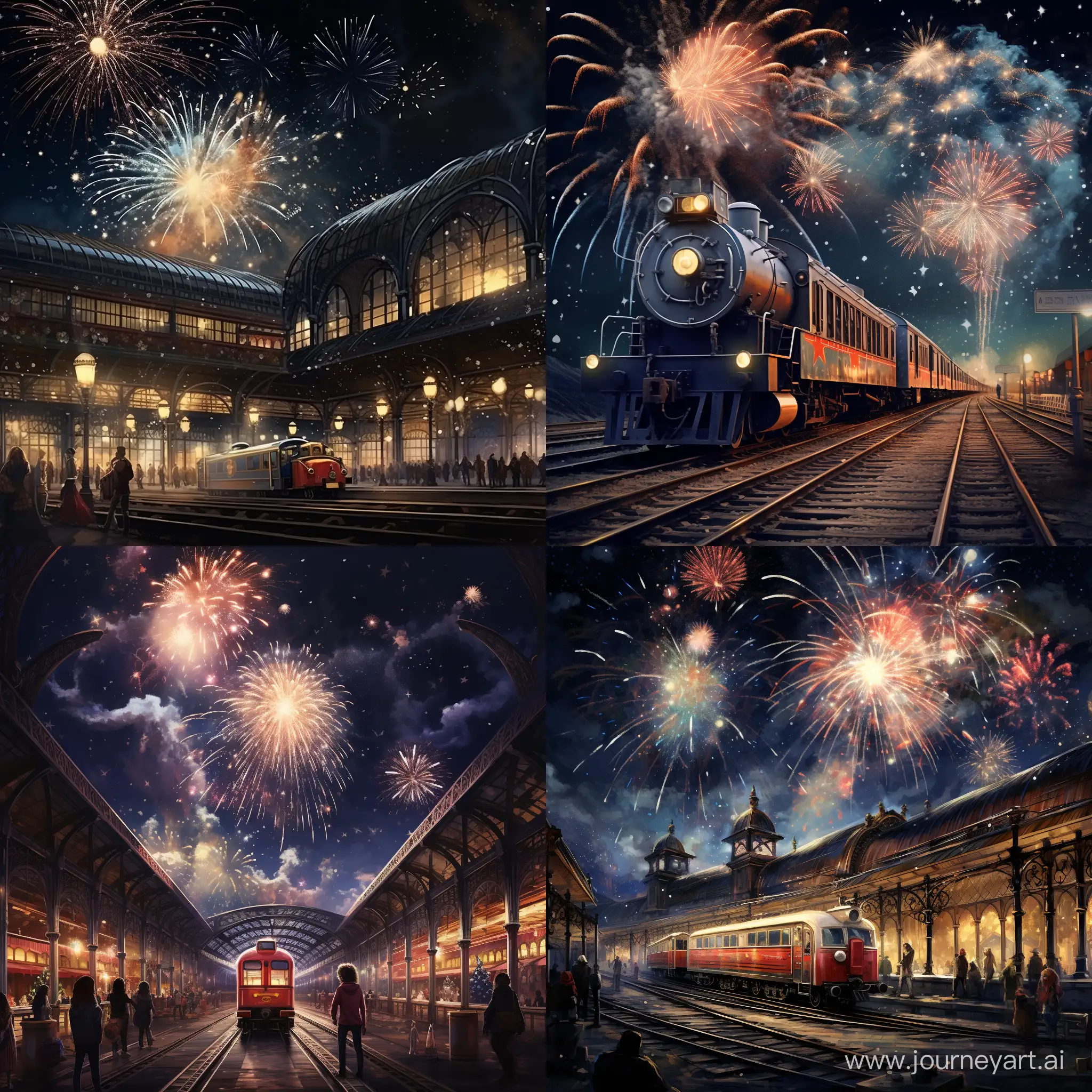 Nighttime-Celebration-at-the-Locomotive-Train-Station-with-Fireworks