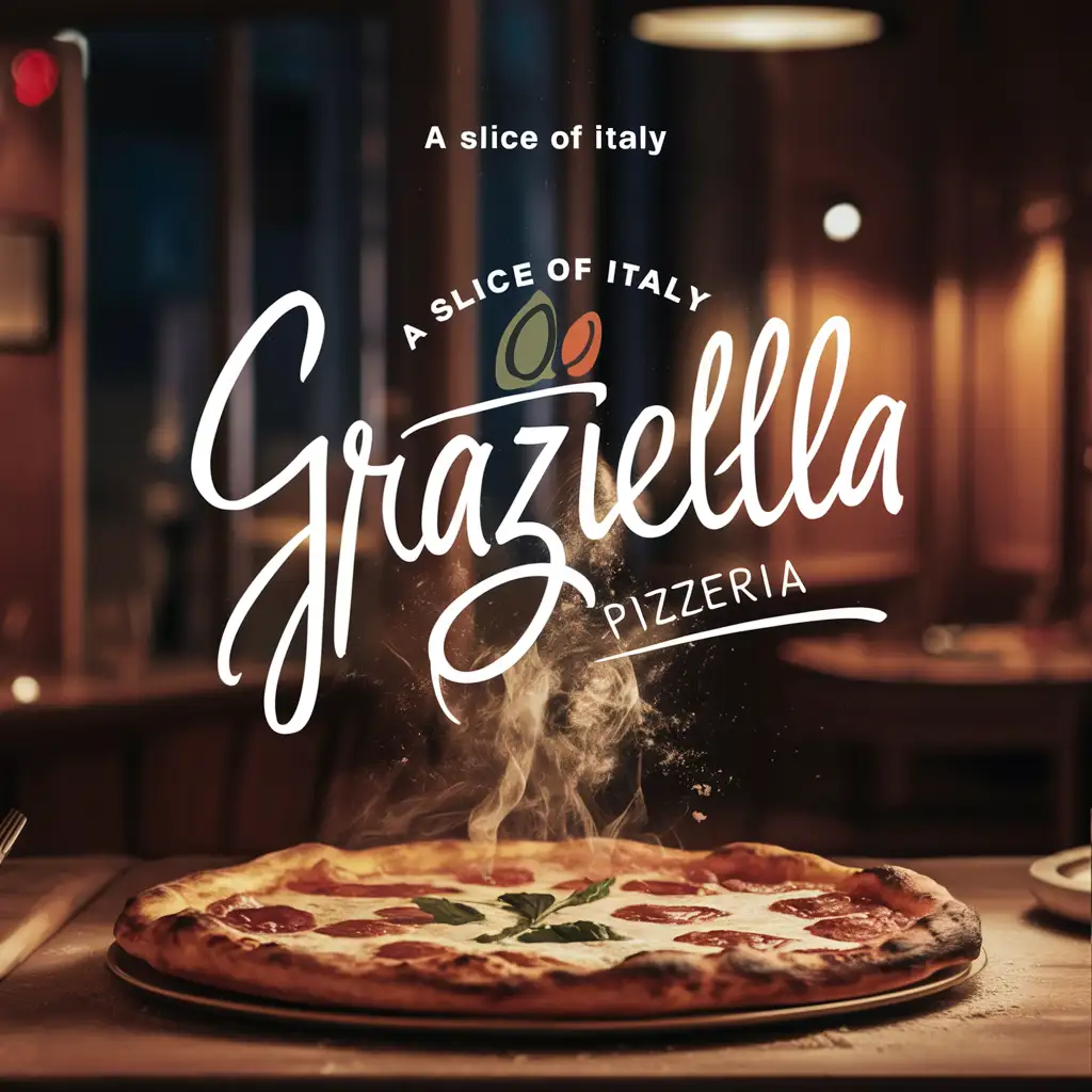 Handwriting Graziella Pizzeria logo, Italian colors, Quote Slice of Italy, Night cozy restaurant atmosphere, faded light. High quality, elegant, hot Margarita, Flying flour