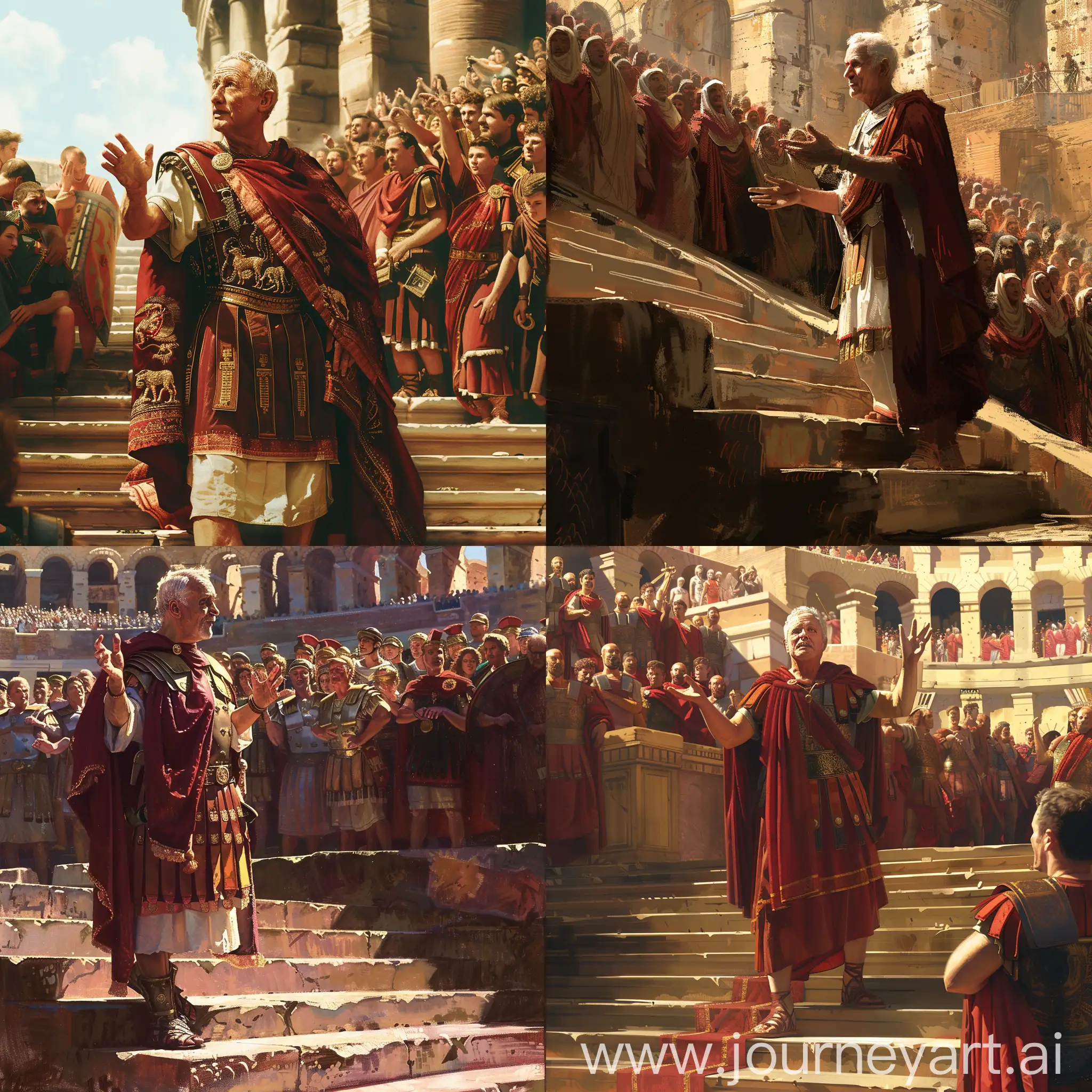 a vivid visual portrayal: an aged Roman ruler on the Colosseum stairs, addressing a jubilant audience. Portray the majesty and might of the Roman Empire, infusing your artistic vision into this historic moment.