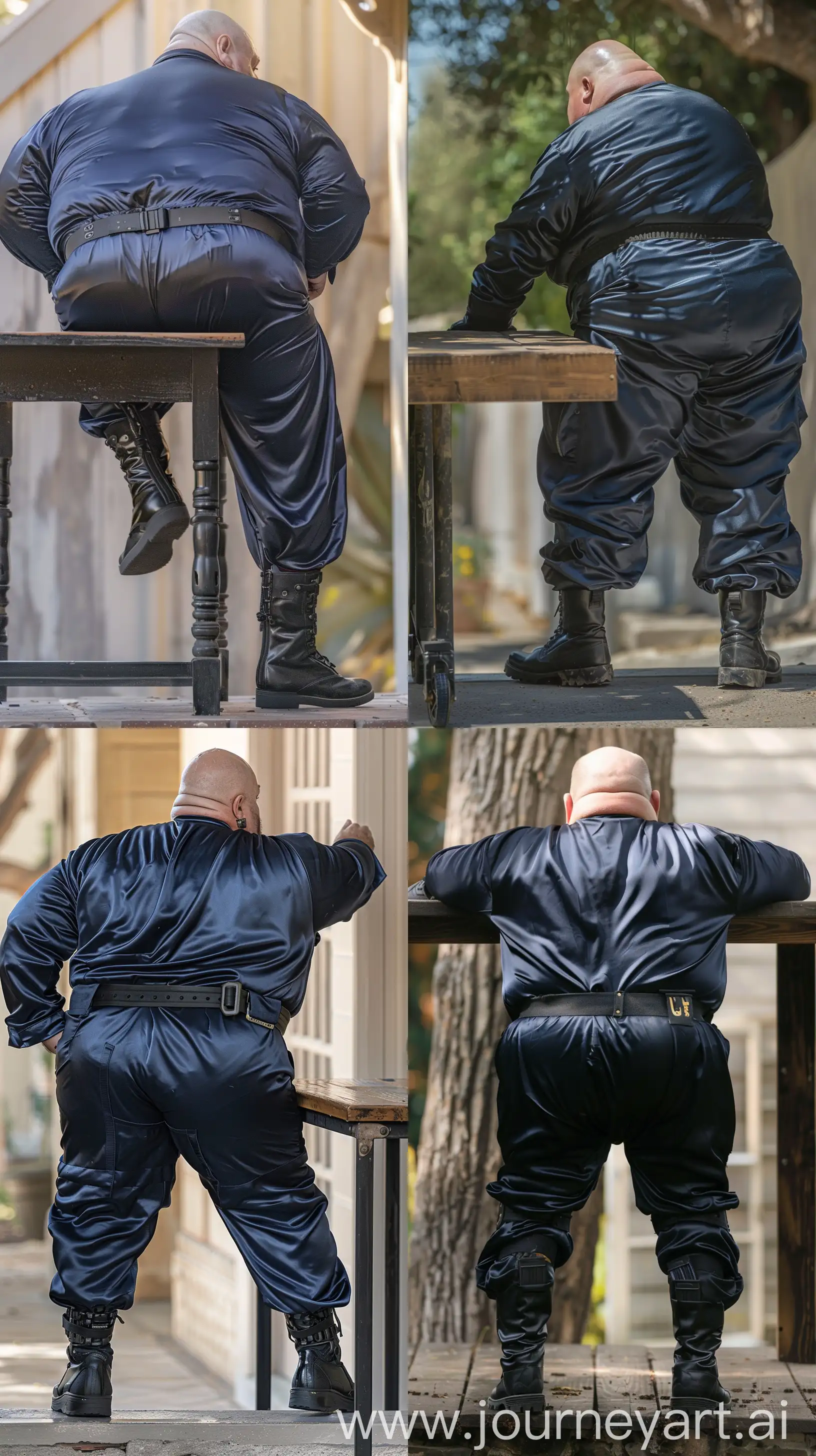 Close-up full body back view photo of a very fat man aged 60 standing next to a very high table. The man is wearing silk navy stretched out battle coverall in black tactical boots and a black tactical belt. Legs straight and leaning forward on both hands placed on the table. Outside. Bald. Clean Shaven. Natural light. --ar 9:16