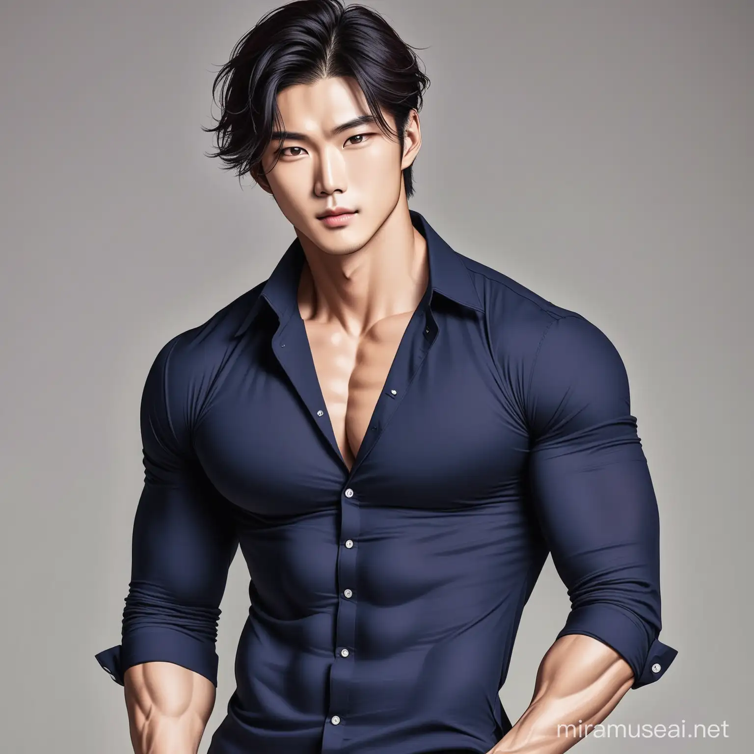 Handsome Korean man with muscles wearing a open collar dark navy long sleeved shirt
