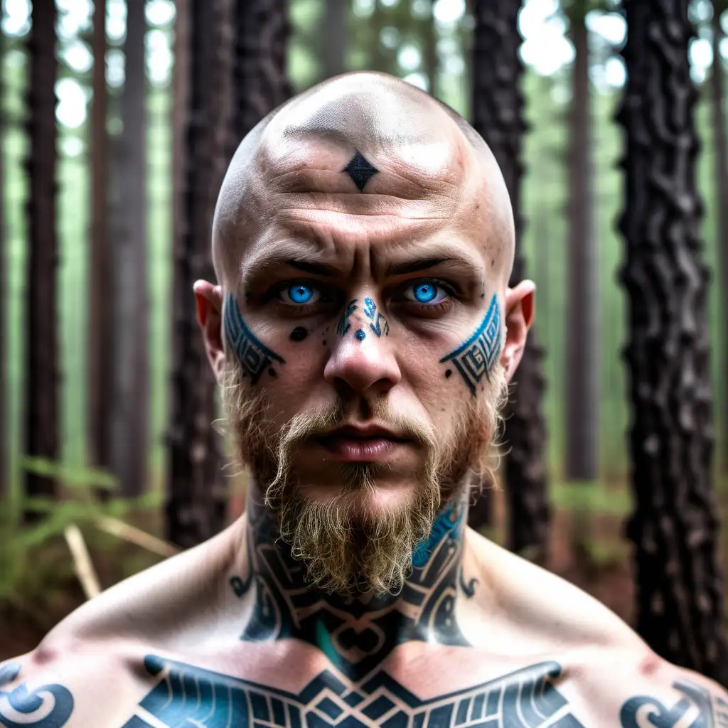 Shirtless Viking Warrior with Electric Blue Eyes in Pine Forest