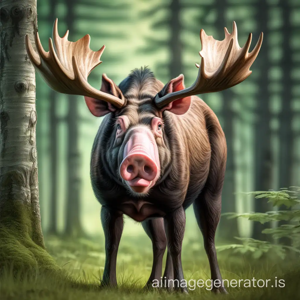 crossbreed between moose with horns and pig, standing in green nice forest