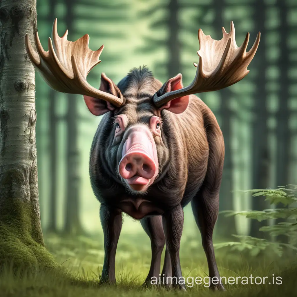 crossbreed between moose with horns and pig, standing in gree nice forest