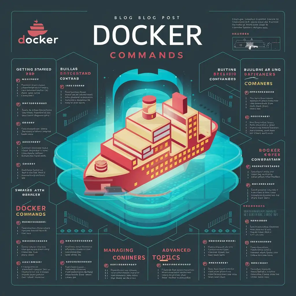 Create an image about Docker commands for blog post. You can also use docker logo