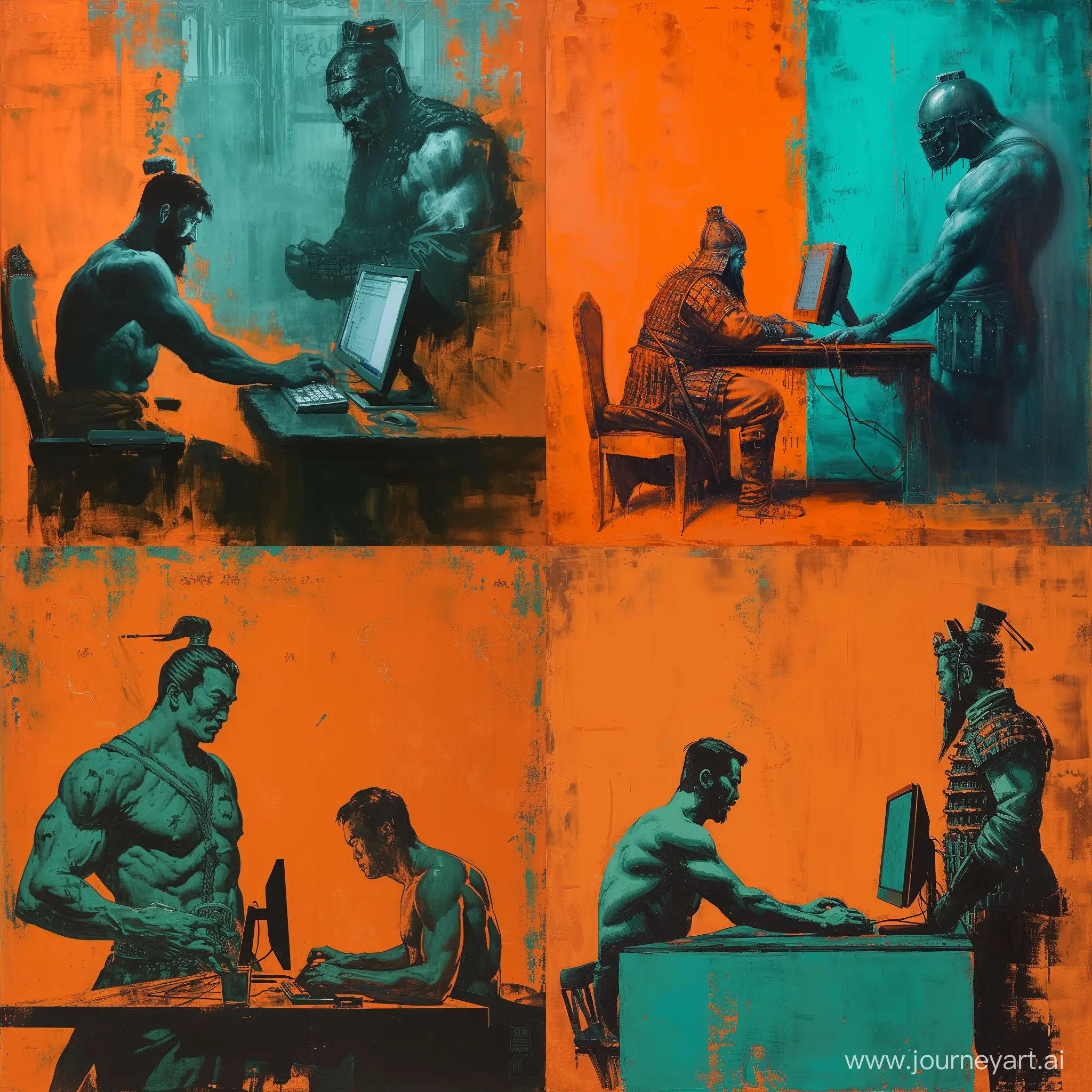 Art painting; dark orange and teal. Medieval Chinese solider overseeing a very muscular and very weak financial trader at his computer.