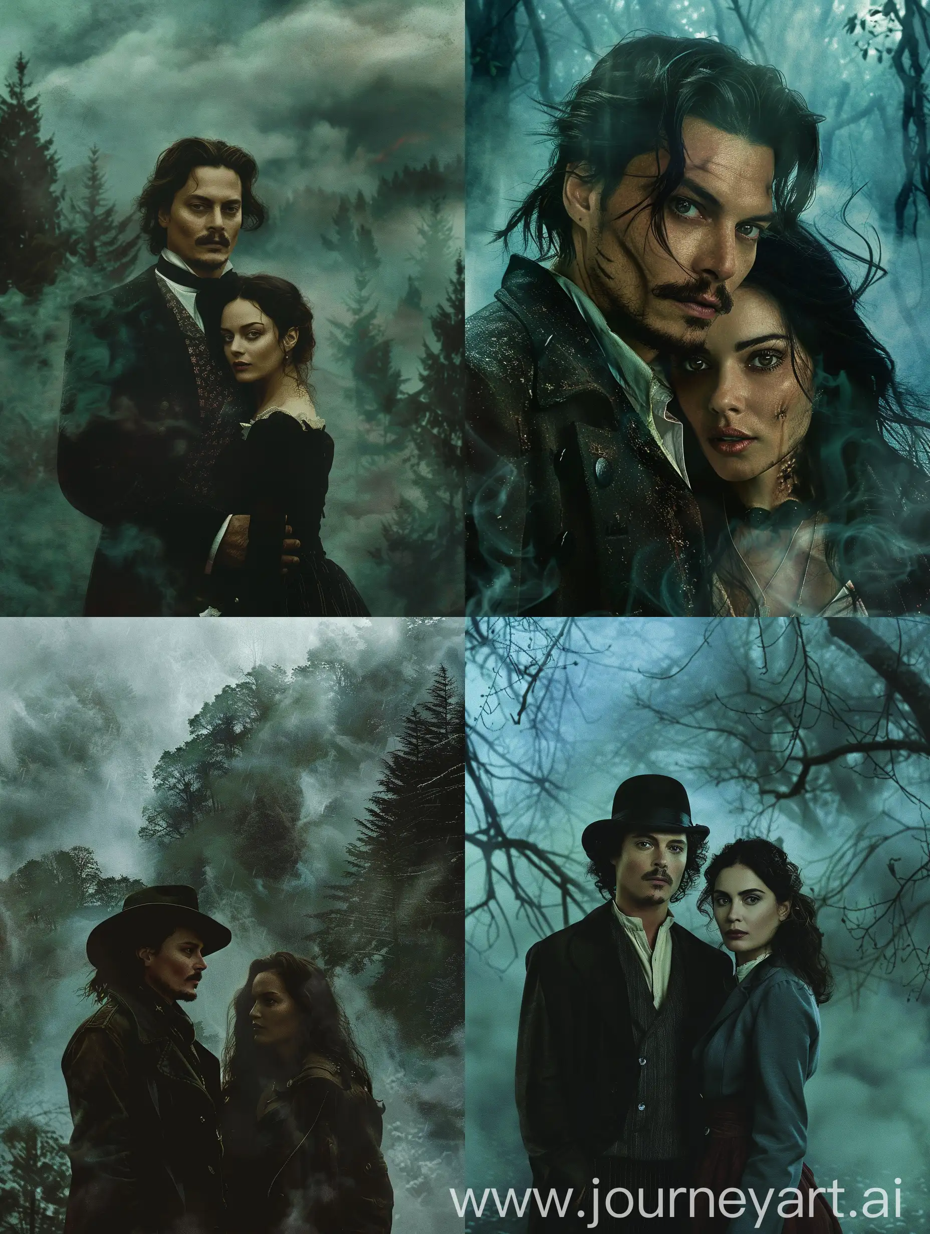 Johnny Depp and Jenna Ortega, against the background of a misty forest, realism, cinematic style --v 6 --ar 3:4 --no 51585