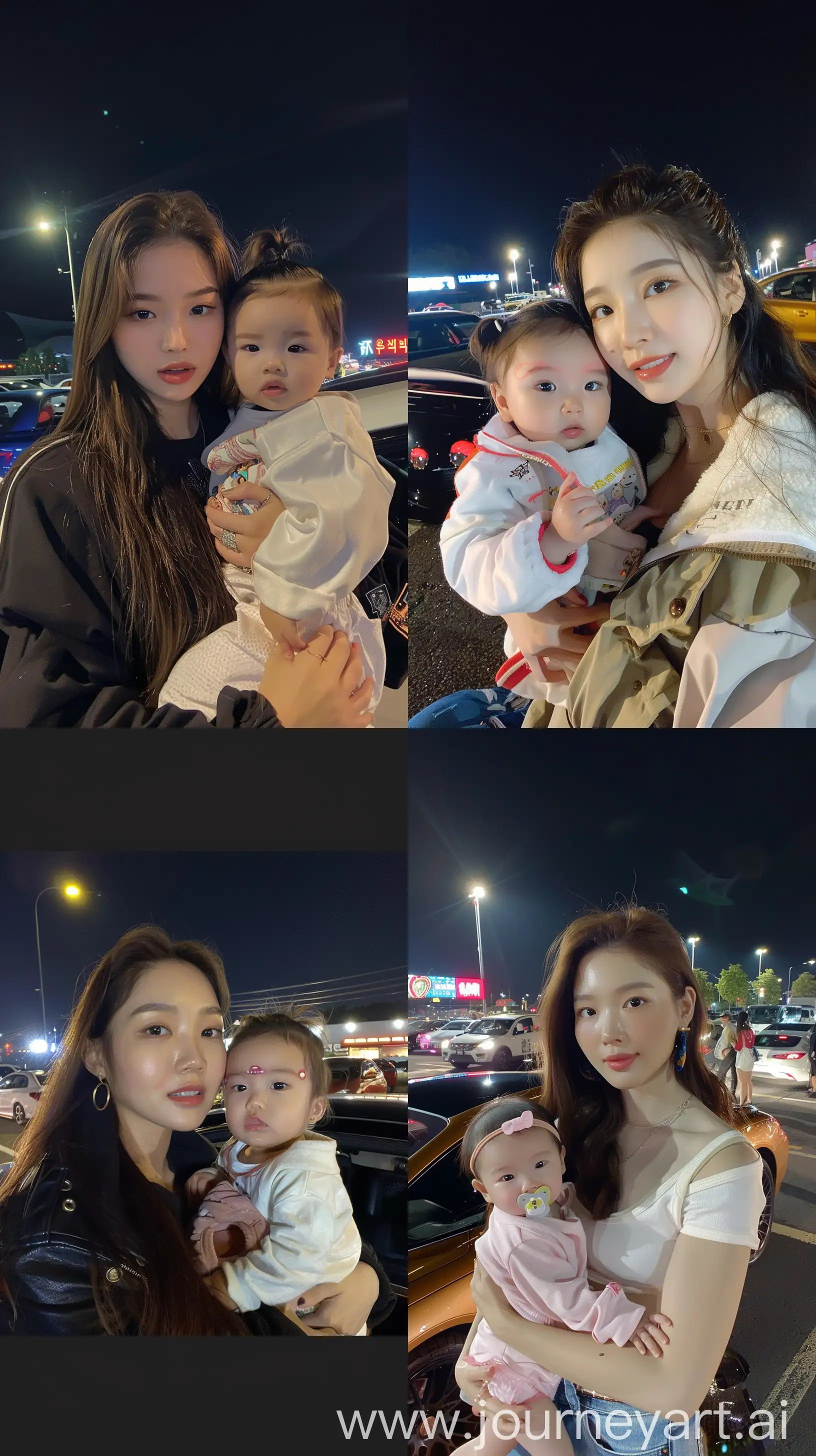 jennie kim holding 2 years old baby girl, facial feature look a like jennie kim, aestethic selfie, on a car meet, night times --ar 9:16