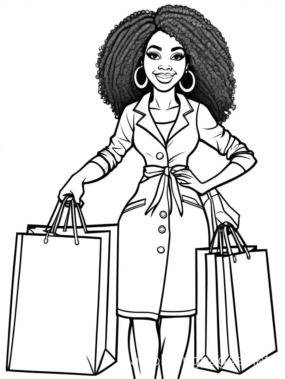 Pretty black woman holding shopping bags, Coloring Page, black and white, line art, white background, Simplicity, Ample White Space. The background of the coloring page is plain white to make it easy for young children to color within the lines. The outlines of all the subjects are easy to distinguish, making it simple for kids to color without too much difficulty