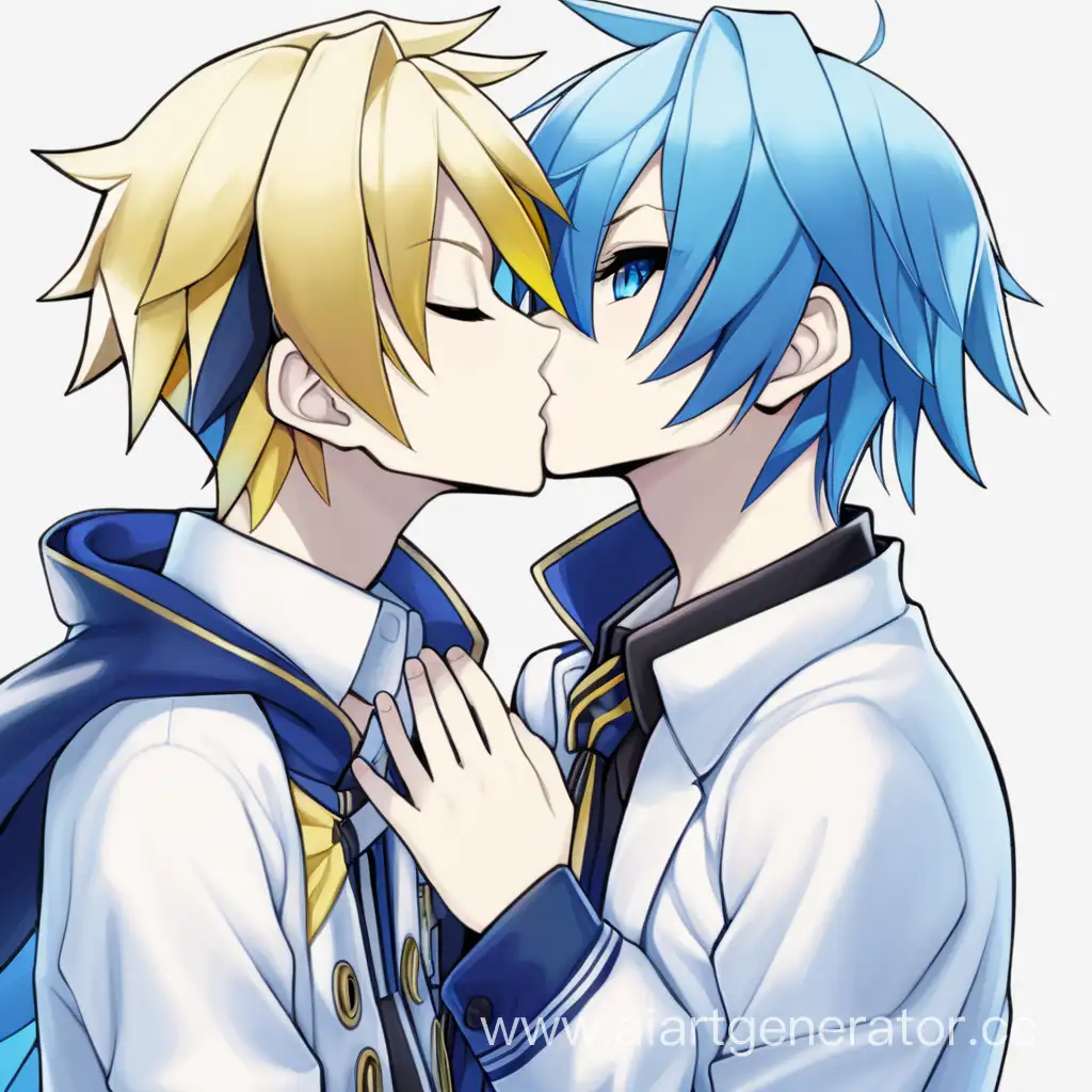 Kaito vocaloid with blue hair and kagamine len kissing