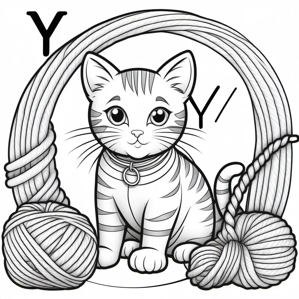 coloring book for kids, letter Y  with yarn and cat, cartoon style, thick lines, low detail, no shading, -- ar, 9:11