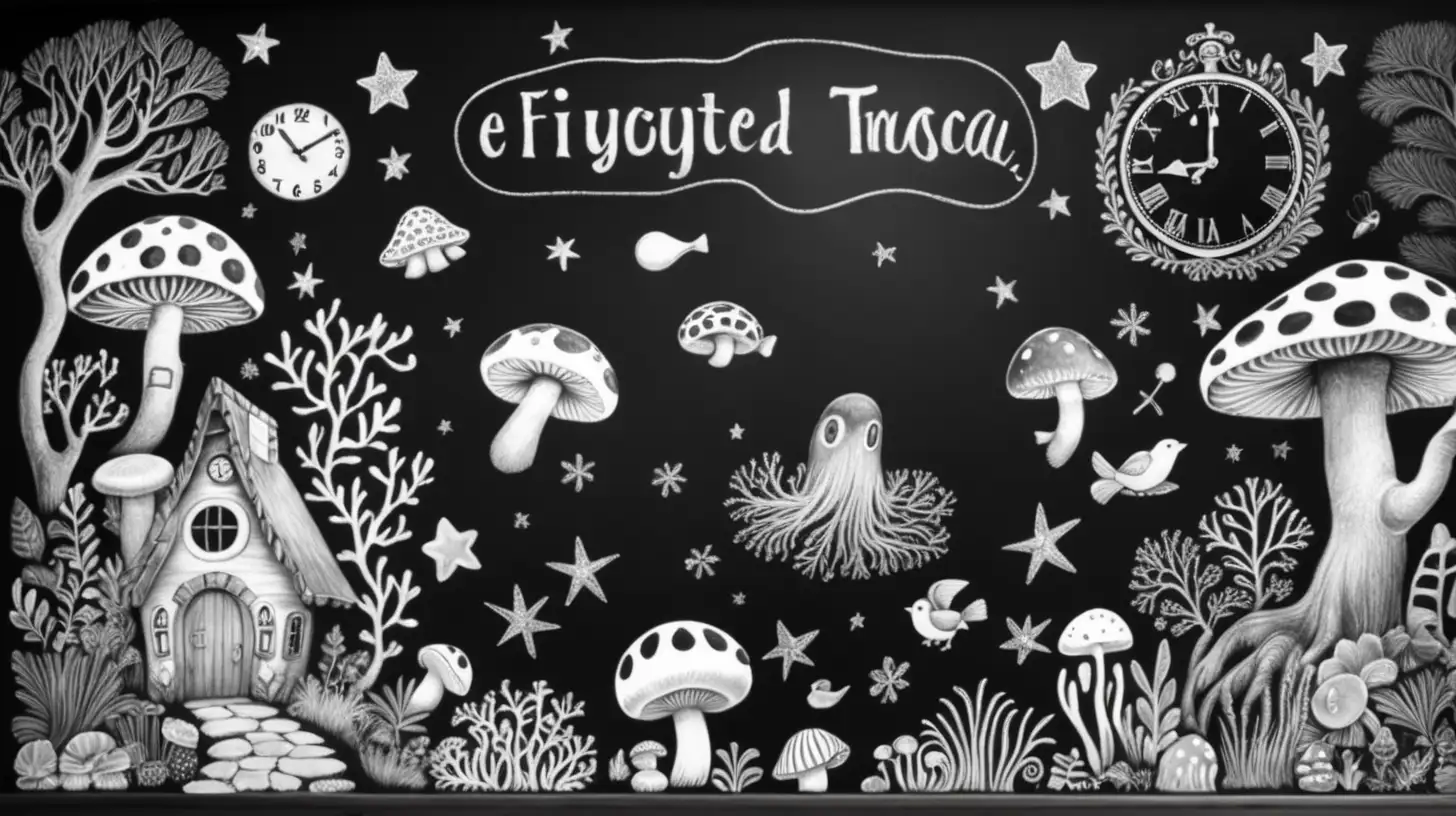 black and white magical-fairytale chalk board in a classroom with a cute chalk ocean and corals with a planet and stars and moons and trees and a fairytale clock and cute mushrooms and birdhouses