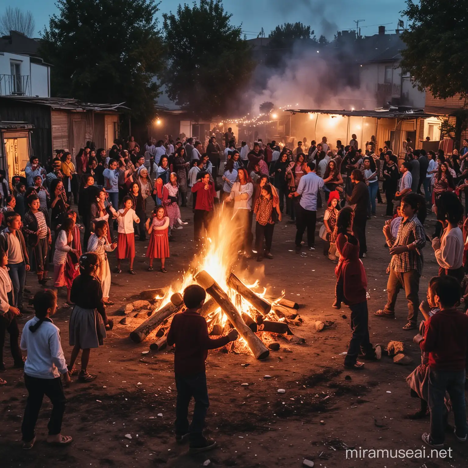 Zigeuner feiern auf einem Hinterhof in einem Wohnviertel, in der Mitte ein großes Lagerfeuer, Kinder tanzen und spielen, viele Menschen, realfoto