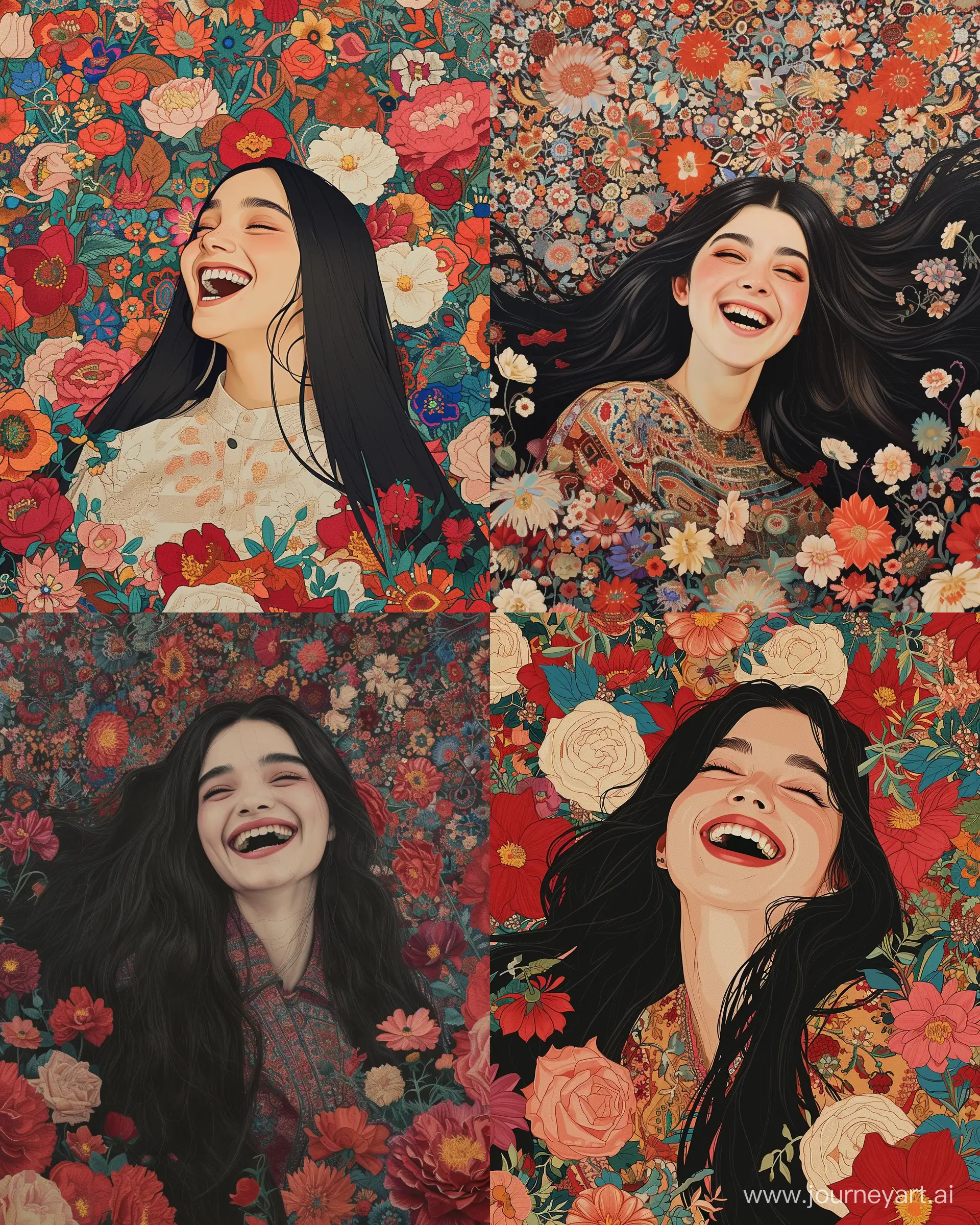 Persian carpet, beatuful 30-year persian girl laughing and happy and long black hairs, looking at the viewer, full of flowers around, colorful and red colors, carpet texture, with the luxurious texture of a Persian carpet, emphasizing high-quality wool and intricate silk details. Simulate the varying pile heights, traditional Persian knots, and rich color palette achieved through natural and vegetable dyes. Capture the essence of Persian craftsmanship, featuring geometric and floral motifs with a focus on hand-knotted precision. Aim for a visually stunning piece that encapsulates the tactile richness and cultural symbolism of traditional Persian carpets,intricate high details --ar 4:5 --style raw 