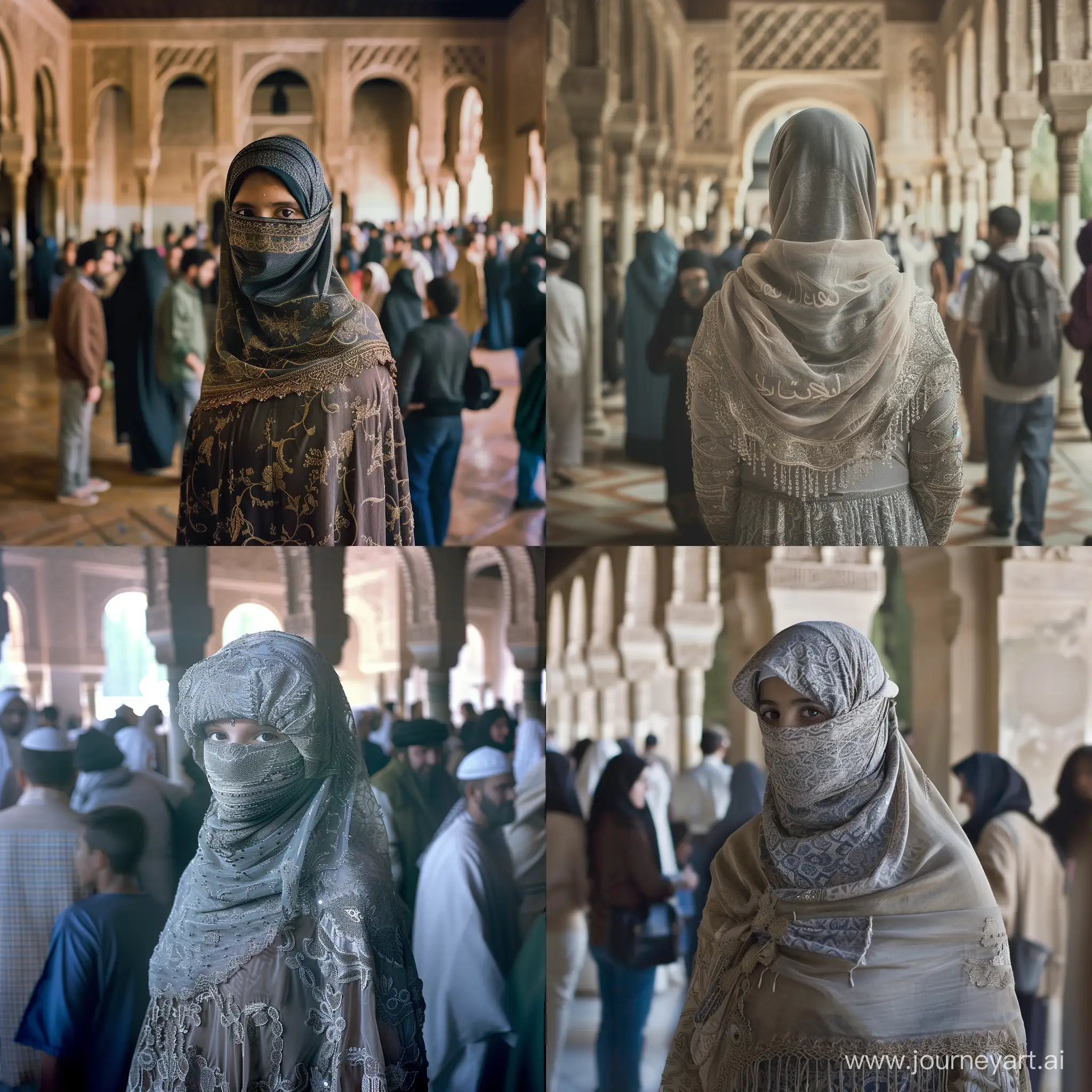 فتاة سعودية، محجبة بملامح عربية، تقف بين حشود من الناس في قصر الحمراء بأسبانيا
