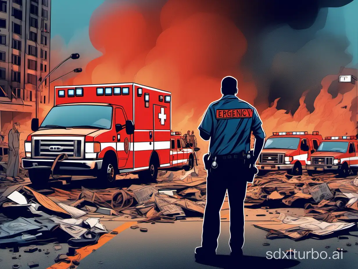  A determined journalist holding a microphone, standing in front of a chaotic scene with emergency vehicles and first responders in the background, symbolizing the importance of press freedom and the public's right to know during times of crisis. The scene should convey a sense of urgency and professionalism, with a clear focus on the journalist's commitment to reporting the truth. The color palette should be dramatic, with shades of red and orange to represent the intensity of the situation, and blue tones for the emergency lights. The style should be semi-realistic, with a touch of photojournalism to emphasize the authenticity of the scene.