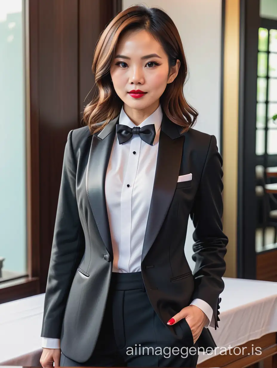 a 40 year old stern vietnamese woman with shoulder length hair and lipstick wearing a tuxedo with a white shirt and a black bow tie, black pants