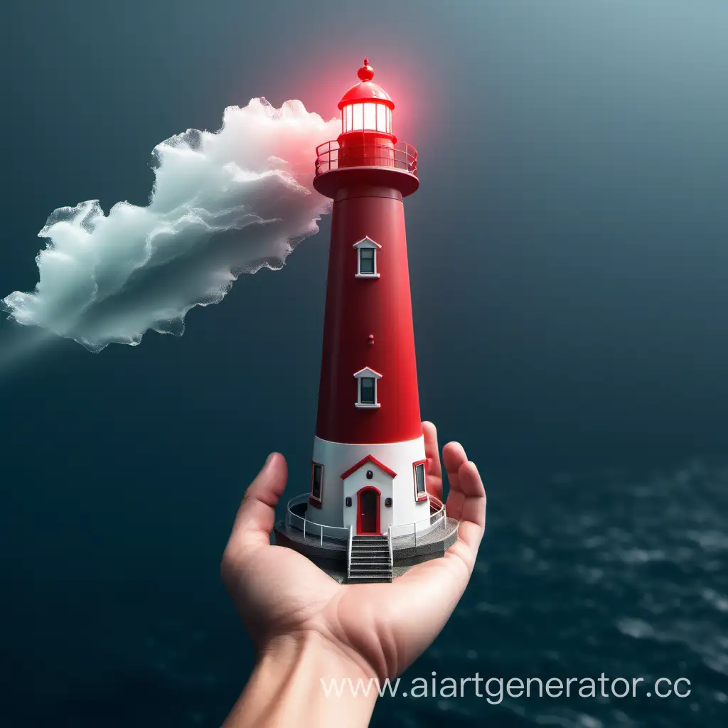 Lighthouse on hand, one lighthouse. camera isometry, red light, hand from sea, sea, cloud, sea
