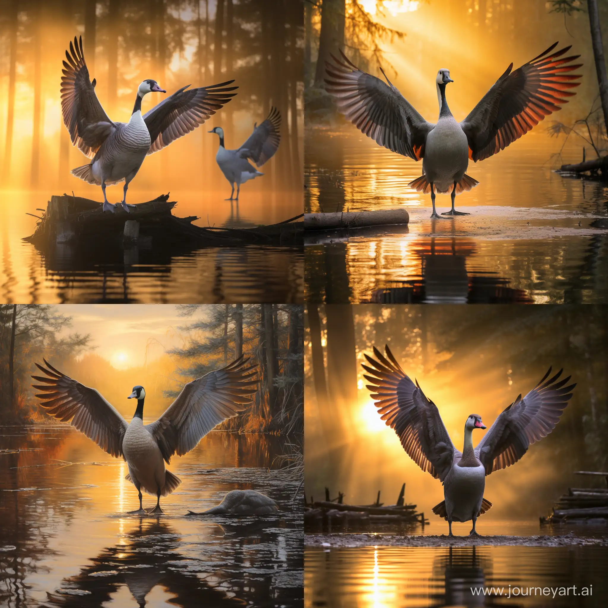 Dawn-Elegance-Majestic-Goose-and-Industrious-Beaver-in-Forest-Harmony