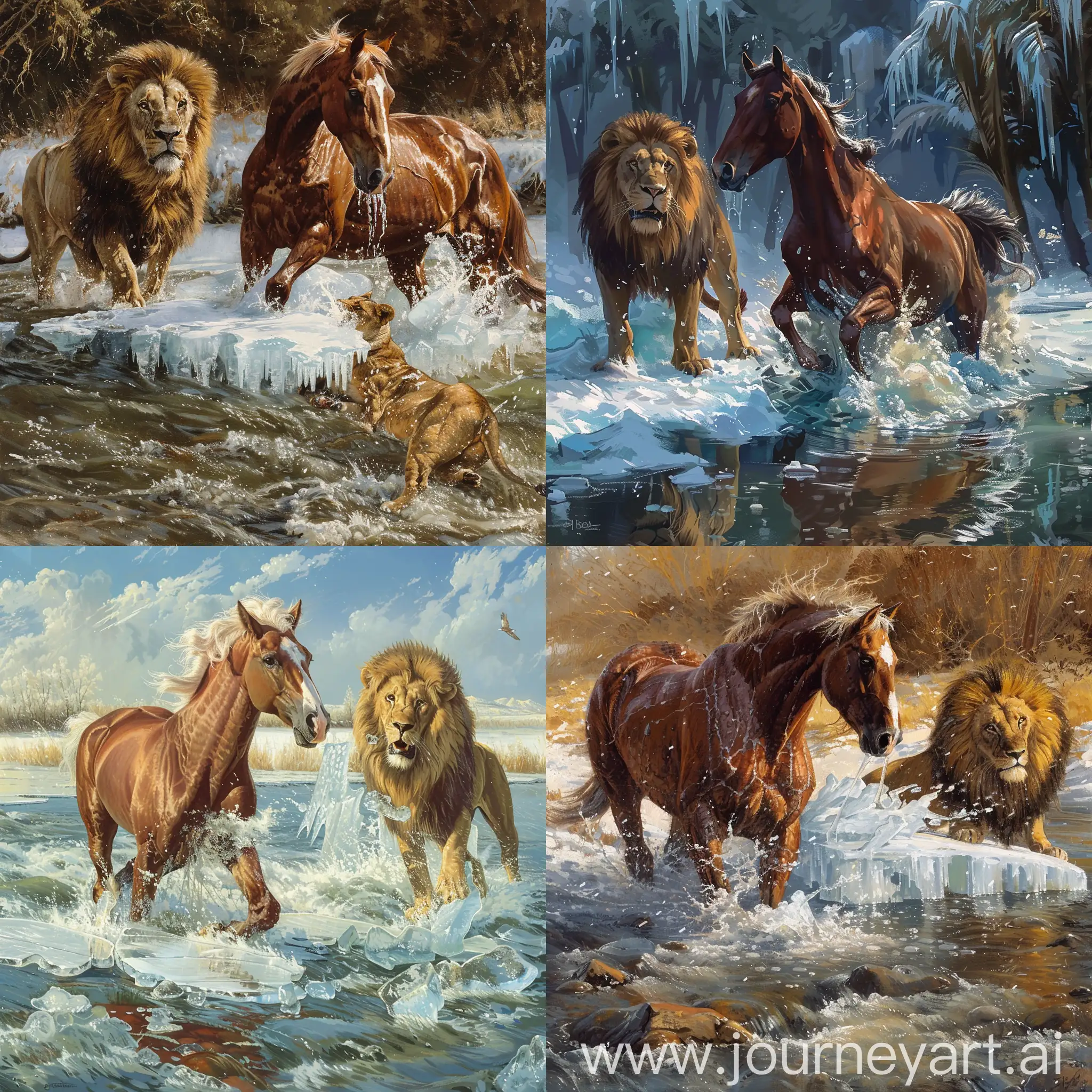 Лошадь пробивает прорубь на замёршей реке , а рядом стоит лев и смотрит.