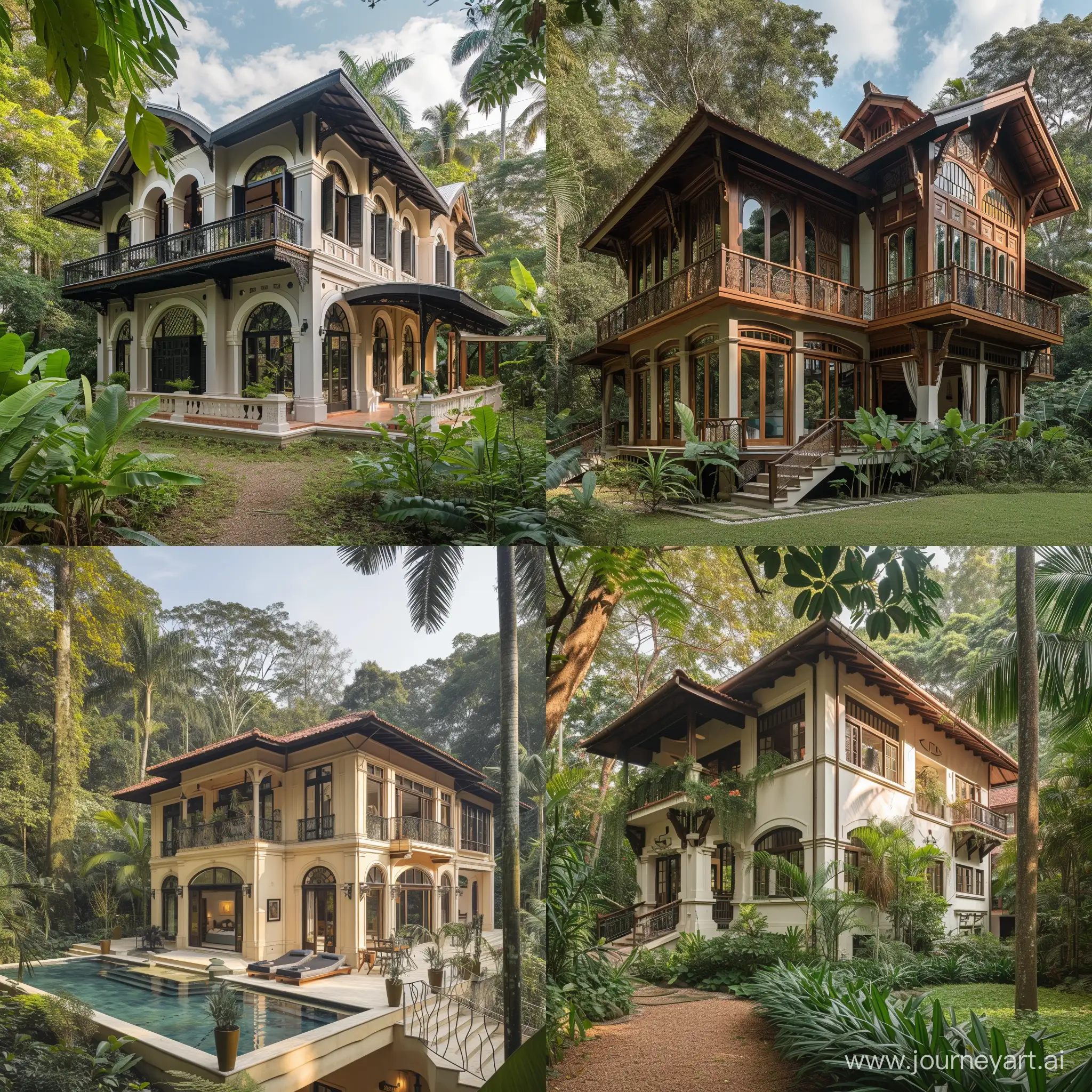 french colonial and arts and crafts fusion architecture, house in the rainforest, exterior desighn marvel