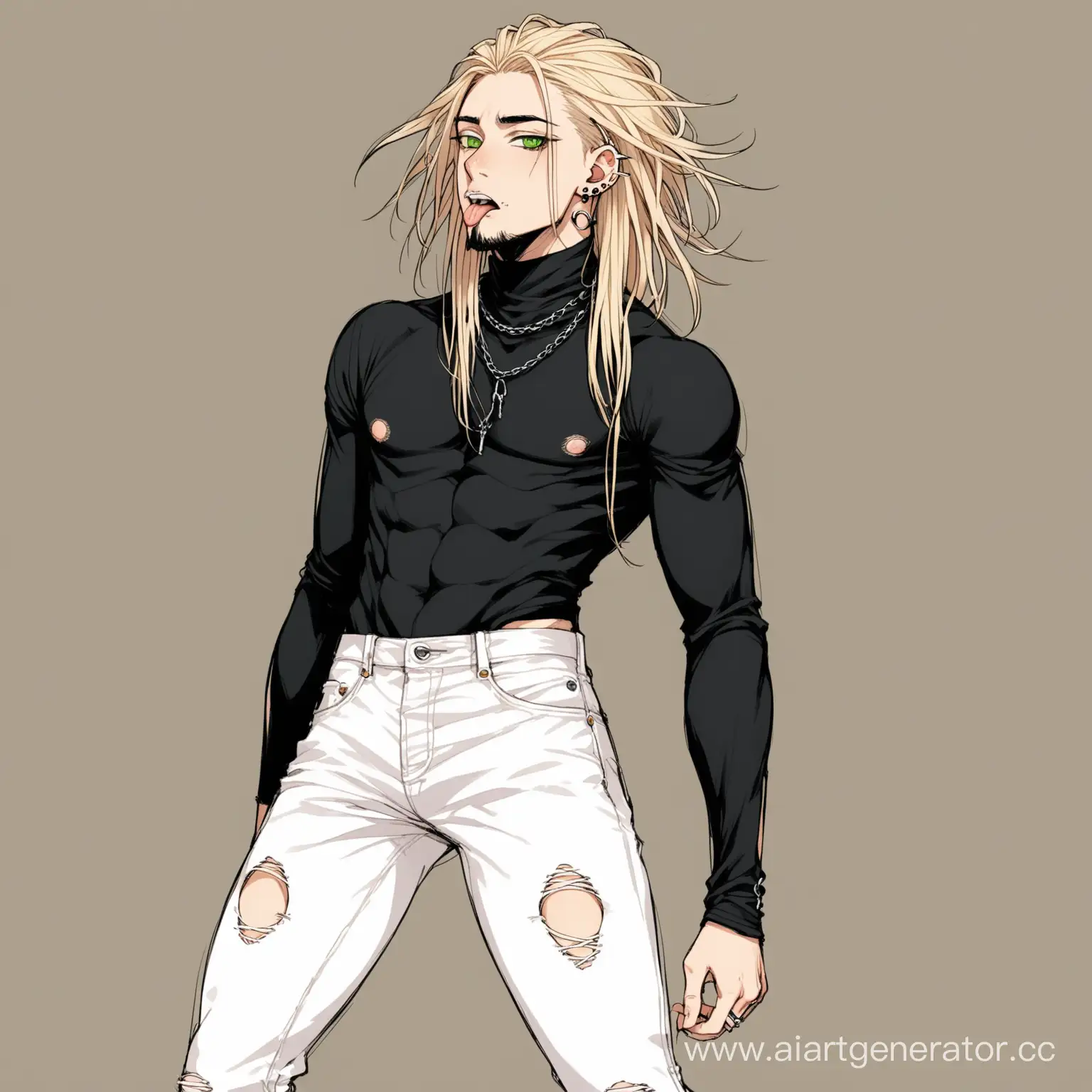 Man, Average height, Skinny, Very light blonde hair, braided in dreadlocks, reaching the middle of the back, Green, slightly narrow eyes, Straight nose, There is a little stubble, Lots of hair on arms and legs and some on chest, Nose ring piercing, Two piercings under the lip, Piercing in the middle of the tongue, Black shirt with elbow-length sleeves, White jeans with holes in the knees